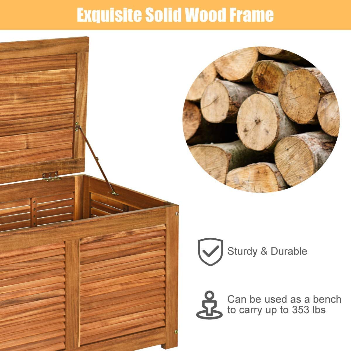 LDAILY Moccha Garden Backyard Storage Bench, Large Acacia Wood Deck Box, Outdoor Storage Container for Patio Furniture Cushions and Gardening Tools