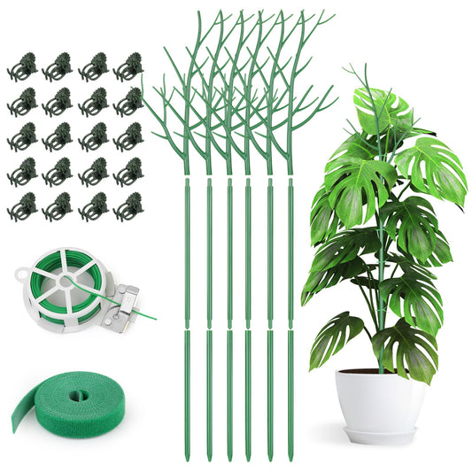 6 Pack Plant Support Stakes for Indoor Plants, 39.37 Inch Tall Twig Plant Sticks with Orchid Clips Twist Ties and Plant Ties for House Potted Monstera Plants Support, Green