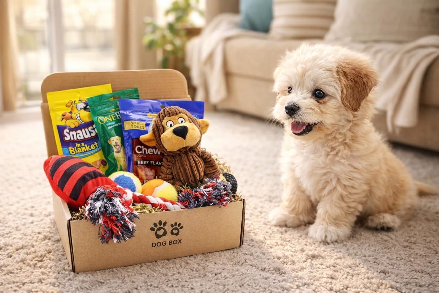 Fansco Dog Gift Box for Small Dogs & Puppies – Dog Birthday Gift Set with Toys & Treats, New Puppy Welcome Kit, Pet Gift Basket for Dogs