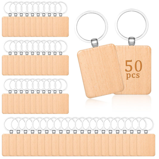 50 Pcs Wooden Keychain Blanks Laser Engraving Blanks Wood Blanks Key Chain Bulk Unfinished Wooden Key Ring Key Tag for DIY Gift Crafts