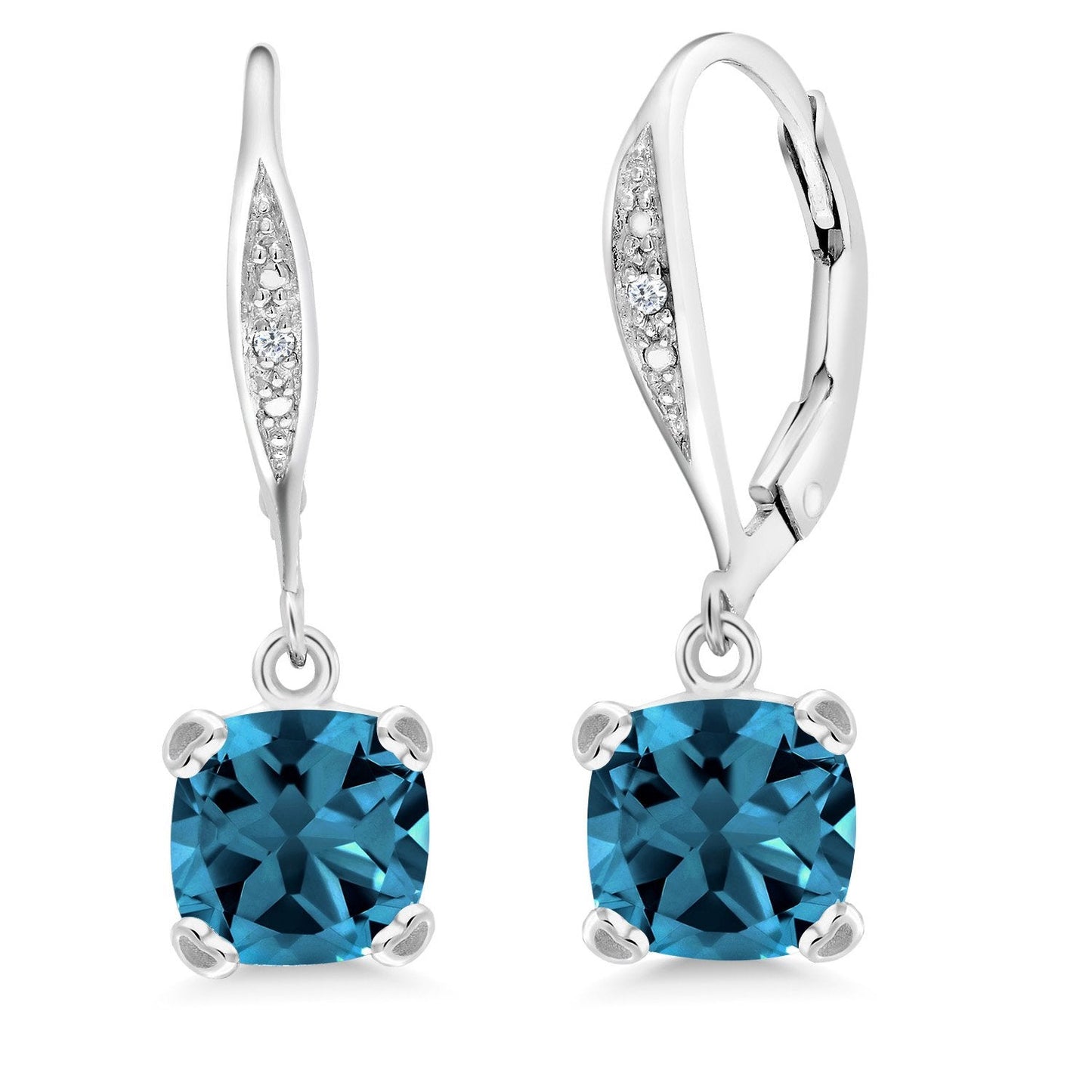 Gem Stone King Drop Dangle Earrings For Women | 7MM Cushion Cut Gemstone Birthstone and Diamond | 925 Sterling Silver | Jewelry Gift for Mom Wife Her | London Blue Topaz-November | Sterling Silver
