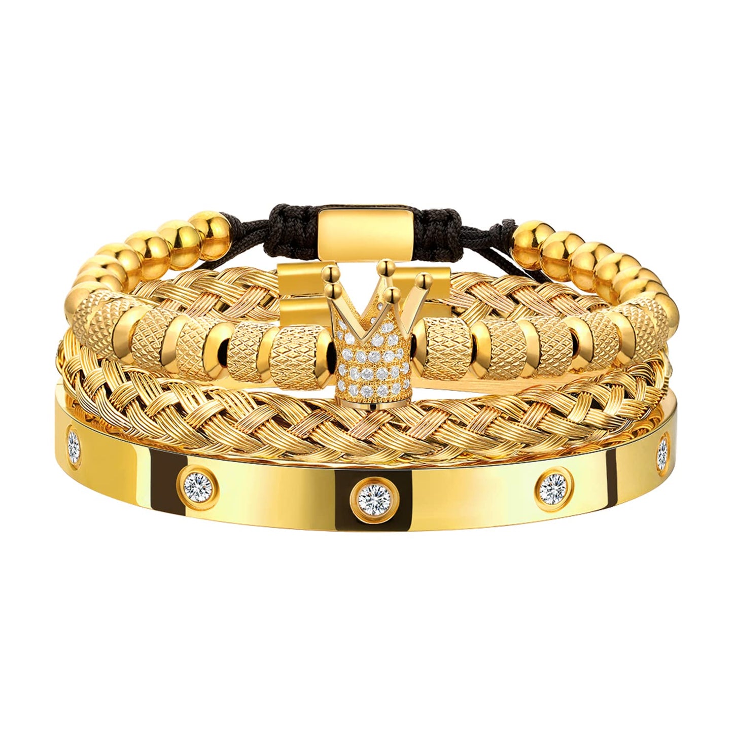WFYOU 3PCS Stainless Steel Bracelets for Men Gold Roman Numeral Bangle Bracelet Twisted Cable Bracelet Adjustable Cuff Bracelet Mens Luxury Jewelry Bracelets Gifts(CZ Crown Gold)