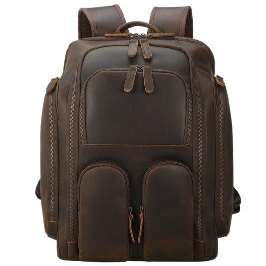 Masa Kawa Leather Backpack for Men with 16" Laptop & Camera Lens Sleeve, Multi Pockets Weekend Trip Business Travel Overnight Camping Bag, Vintage Brown