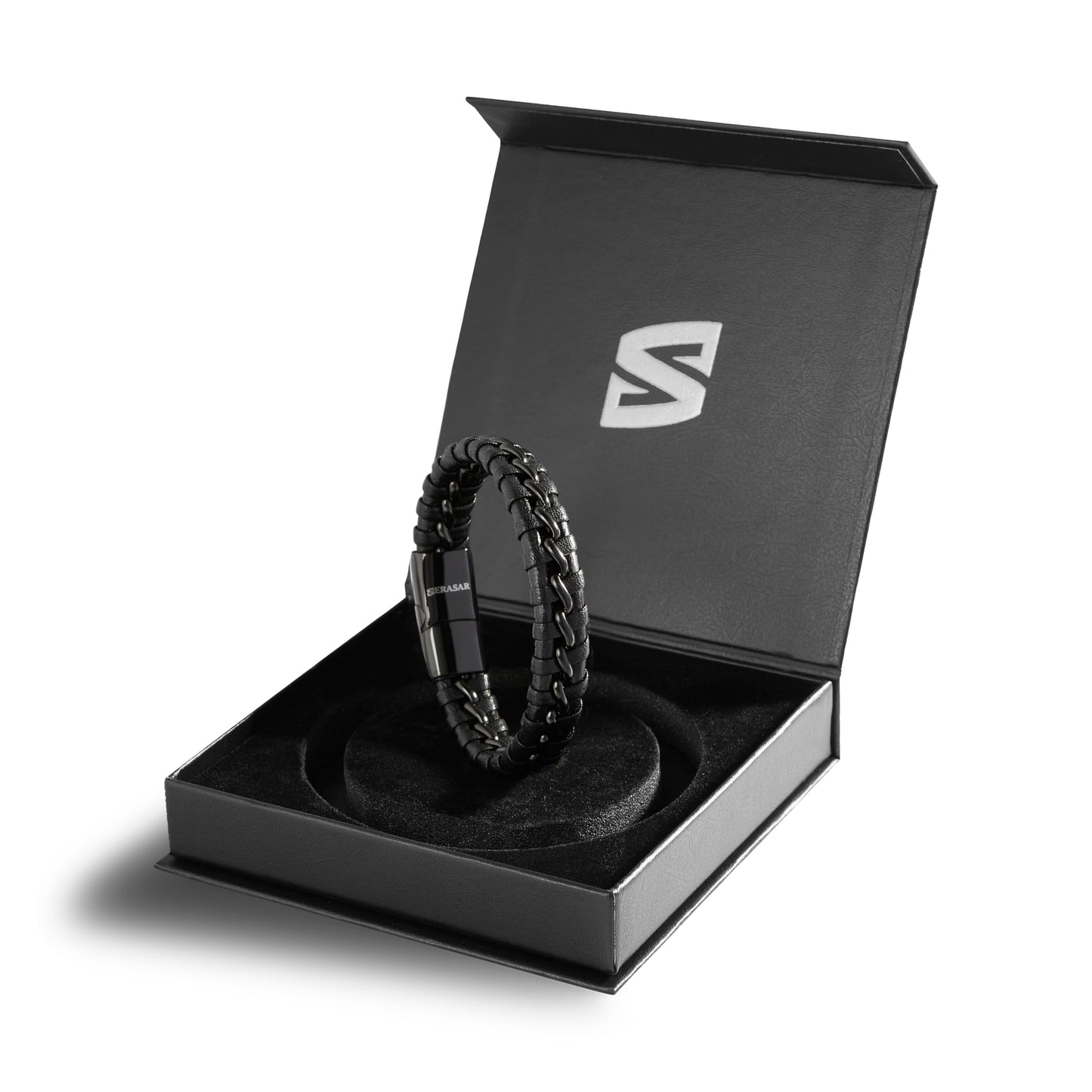 SERASAR Leather Bracelet Black 17cm Men Gift Box Genuine Cowhide Braided Adjust Able Magnetic Clasp Jewellery Rope Man Mans Male Mens Bracelets Band Jewelry Magnet Accessories