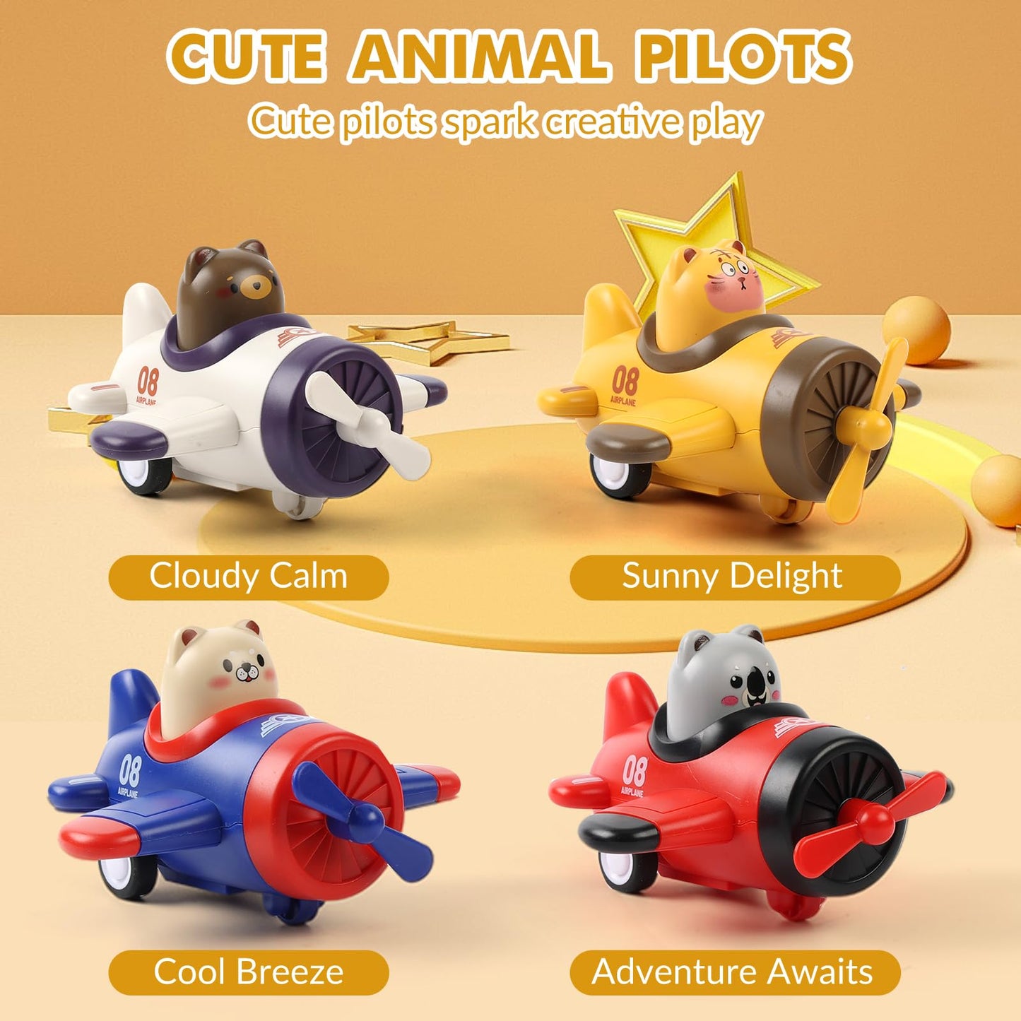 Airplane Toy Cars for Toddlers 1-3 – 4 Pack Press and Go Baby Car Toys, Push Airplanes with Rotating Propellers & Animal Drivers, Safe ABS Friction Cars for Indoor Outdoor Play, Gift for Boys Girls
