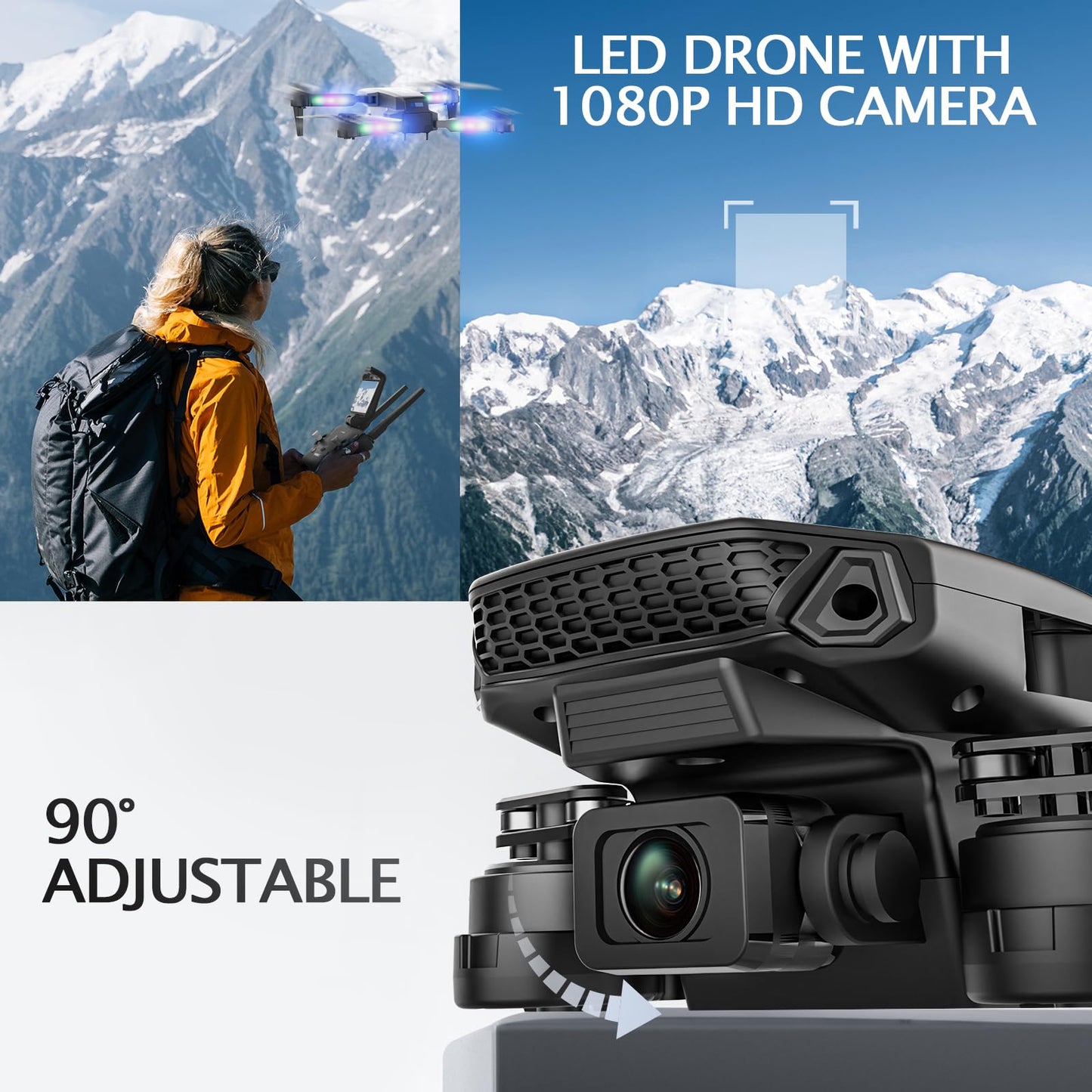 BEZGAR Drone with Camera for KIds - 1080P HD FPV RC Quadcopter with 90° Adjustable Lens, Coloeful LED Lights, Gestures Selfie, One Key Start, 360° Flips, Toys Gifts Mini Drones for Boys Girls, Black