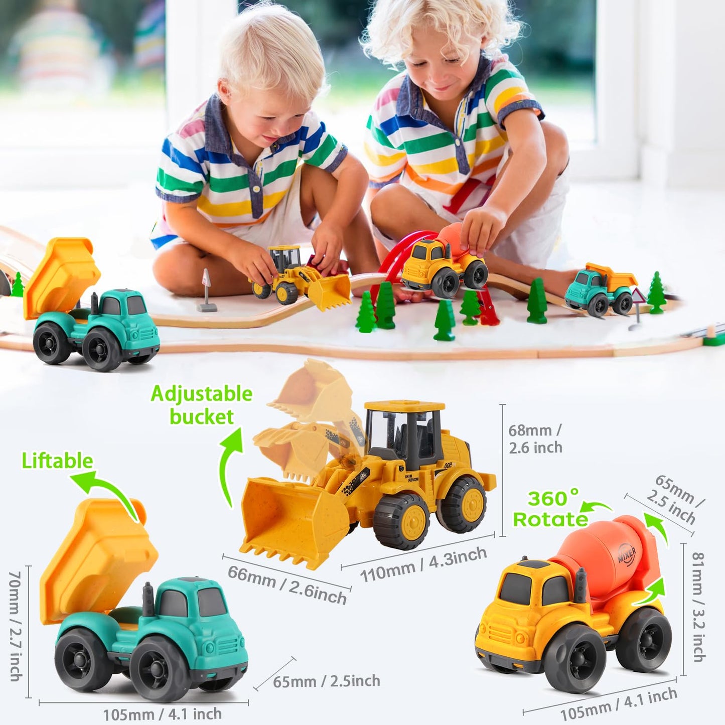 vusum Toddler Toys for Ages 2-4, Kids Toys for 1 2 3 Year Old Boy Girls,Dump Truck Cement Mixer Excavator Toy Cars Set, BPA Free, Phthalates Free, PVC, Outdoor Toddler Boy Toys Birthday