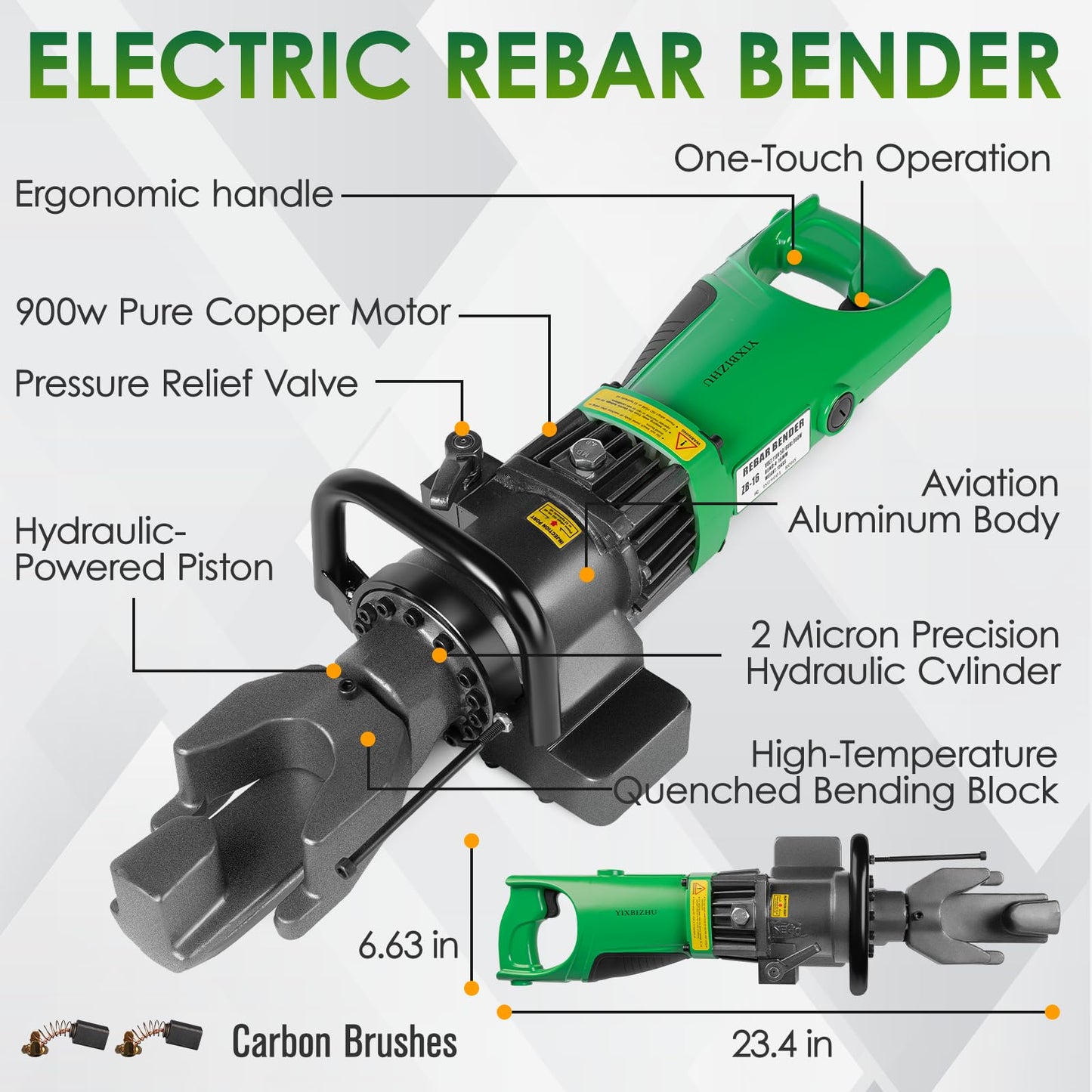 YIXBIZHU 900W Electric Hydraulic Rebar Bender, 2s Fast Bends for #3–#5 (6–16mm), 0–130°Adjustable Angle, Aviation Aluminum Body, Compact 110V Electric Tool for Construction & Jobsite Use(ZB-16-1)