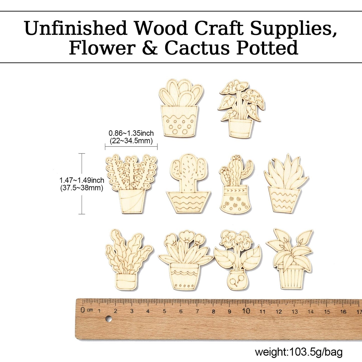 Gythara 100 pcs Mixed Styles Cactus Potted Theme Unfinished Wood Cutout Charms Tropical Desert Plant Flower Wood Slices for DIY Painting Art Craft Home Party Decor Embellishments