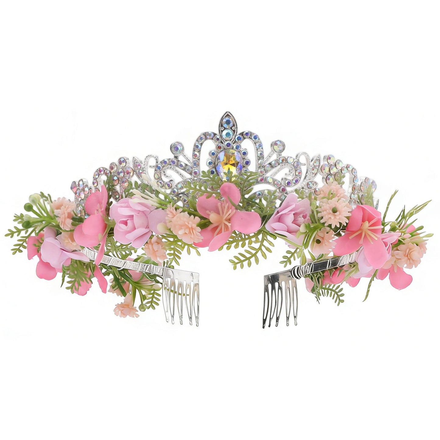 KorViSHOW Pink Flower Crown Headband, Fairy Princess Floral Headpiece, Bridal Flower Tiaras for Women Girls Maternity Birthday Wedding Renaissance Festival Party Hair Accessories