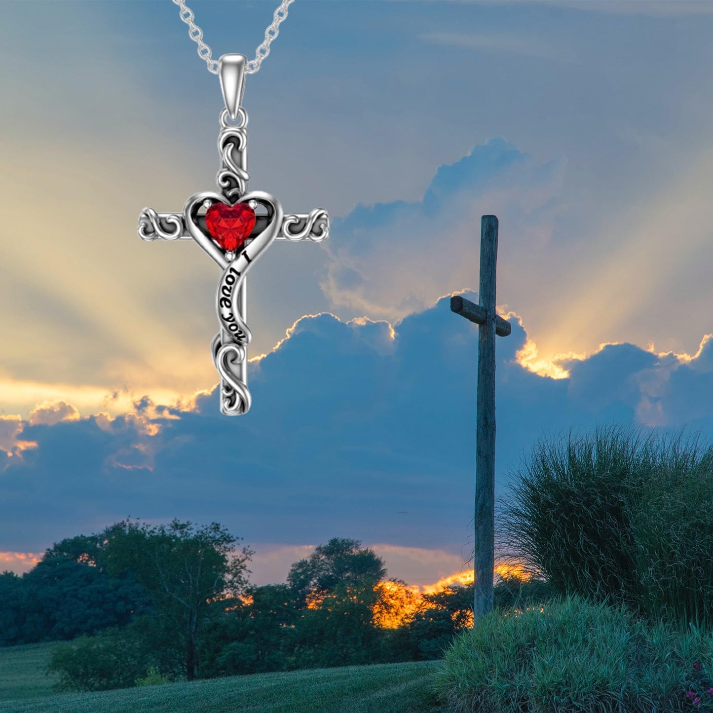 TOUPOP Garnet Cross Necklace for Women Sterling Silver January Birthstone Cross Pendant Necklace Heart Love Jewelry for Her Girlfriend Wife Mom Anniversary Birthday Mothers Day Gifts