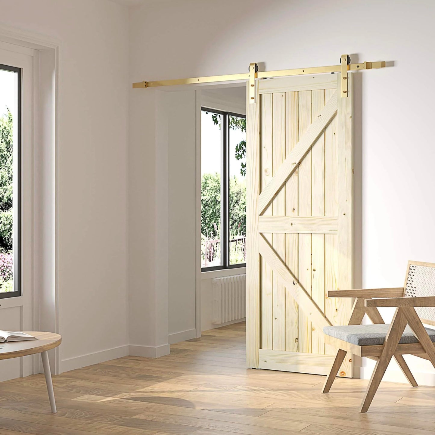 Rio Salto Gold Barn Door Hardware Kit Length up to 6FT Sliding Door Hardware 72in Track Modern Barn Interior Gold Barn Luxury Brushed Brass Panel Hardware for 1 Door - 6ft - NO Door