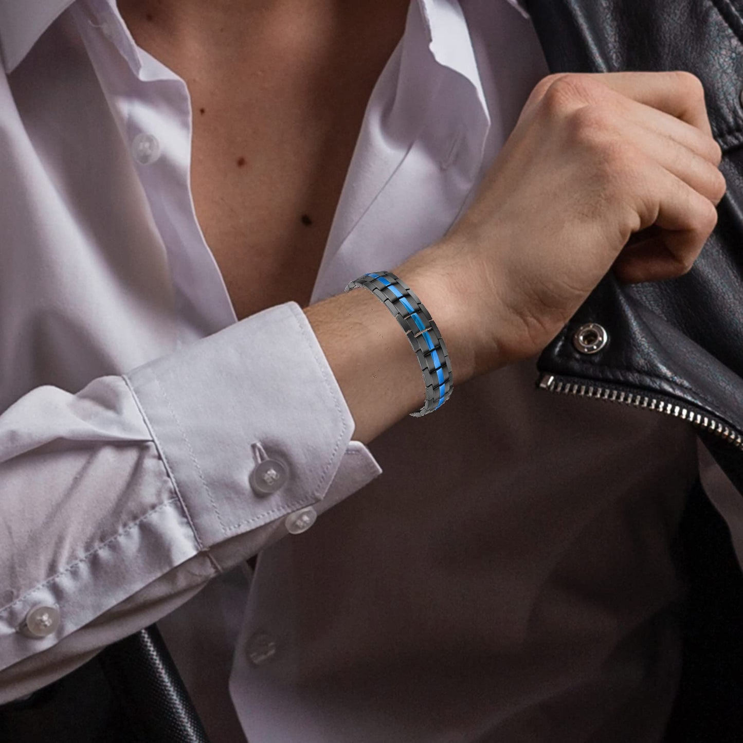Feraco Magnetic Bracelets for Men Women Titanium Steel Double Row Strong Magnets Bracelet with Unique Blue Line, Adjustable Bracelet (Pack of 2)