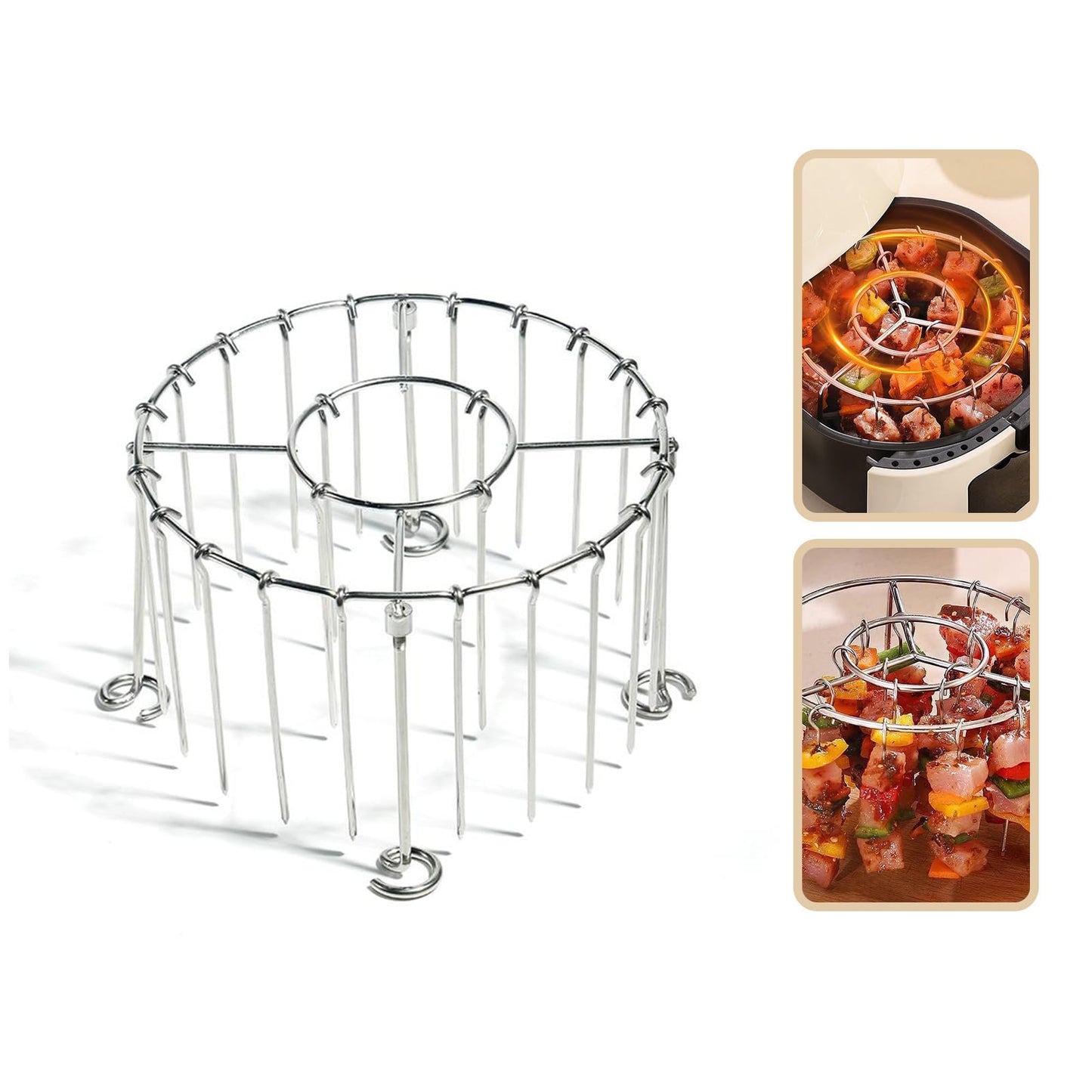 2025 New Air Fryer Grill Skewer Rack, Stainless Steel BBQ Kabob Set, 30 Vertical Meat Skewers with Round Hanging (1)