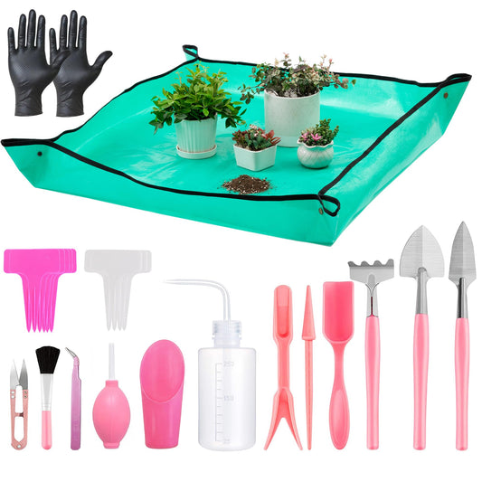 Melphoe 25Pcs Mini Garden Hand Transplanting Succulent Tools Set, 39.4" Thickened Repotting Mat & Plant Tag, Miniature Planting Indoor Fairy Care, Potting, Cactus, Houseplant Bonsai Tool Kit (Pink)