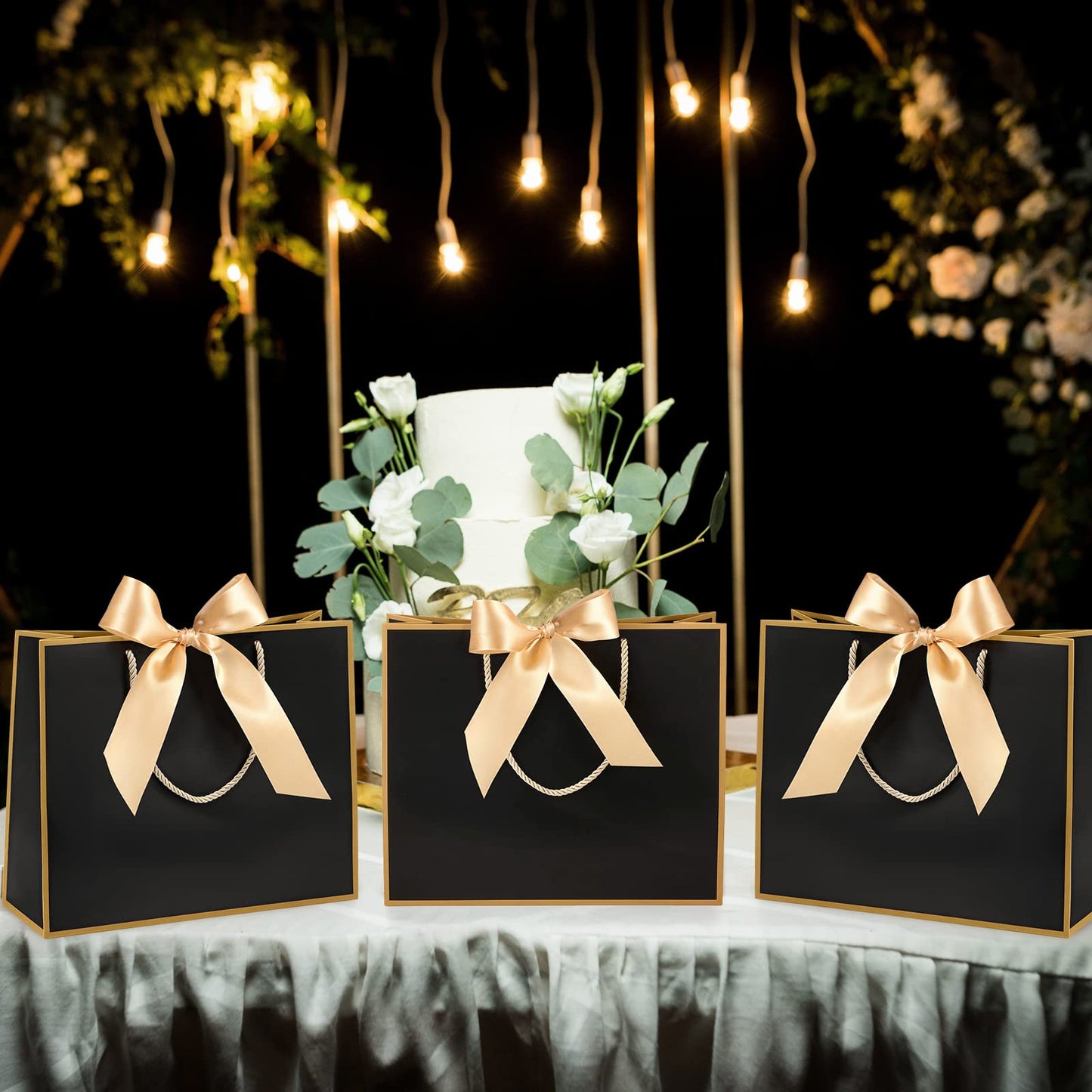 Silkfly 12 Pcs Thank You Gift Bags with Handle 12x10x4'' Welcome Elegant Gifts Bag with Bow Ribbon for Mother's Day Wedding Graduation Bridesmaid Baby Shower Birthday Housewarming (Black)