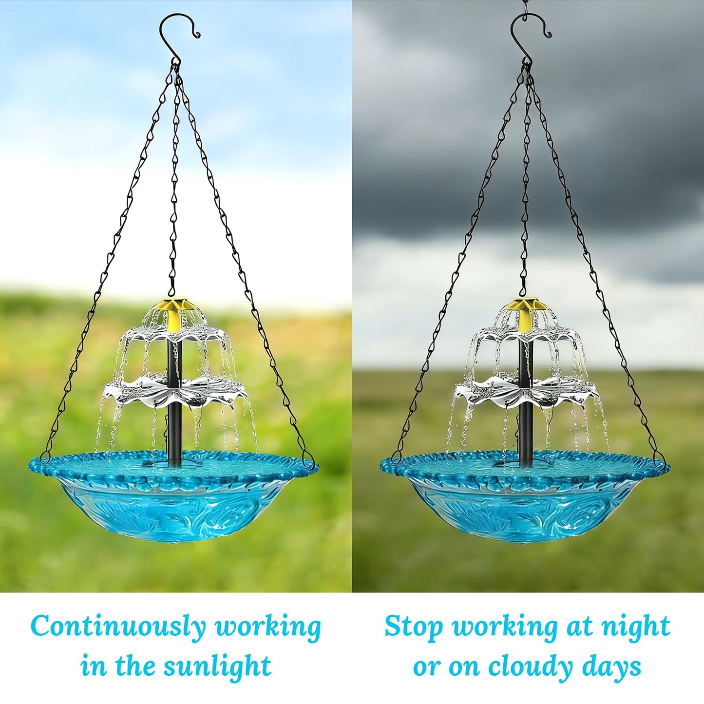 Hanging Solar Bird Bath Fountain - 3 Layers Outdoor Hanging Bird Bath with Solar Fountain, Hanging Bird Bath with Flowing Water for Outdoors Patio Backyard Lawn Garden Decor (Blue)