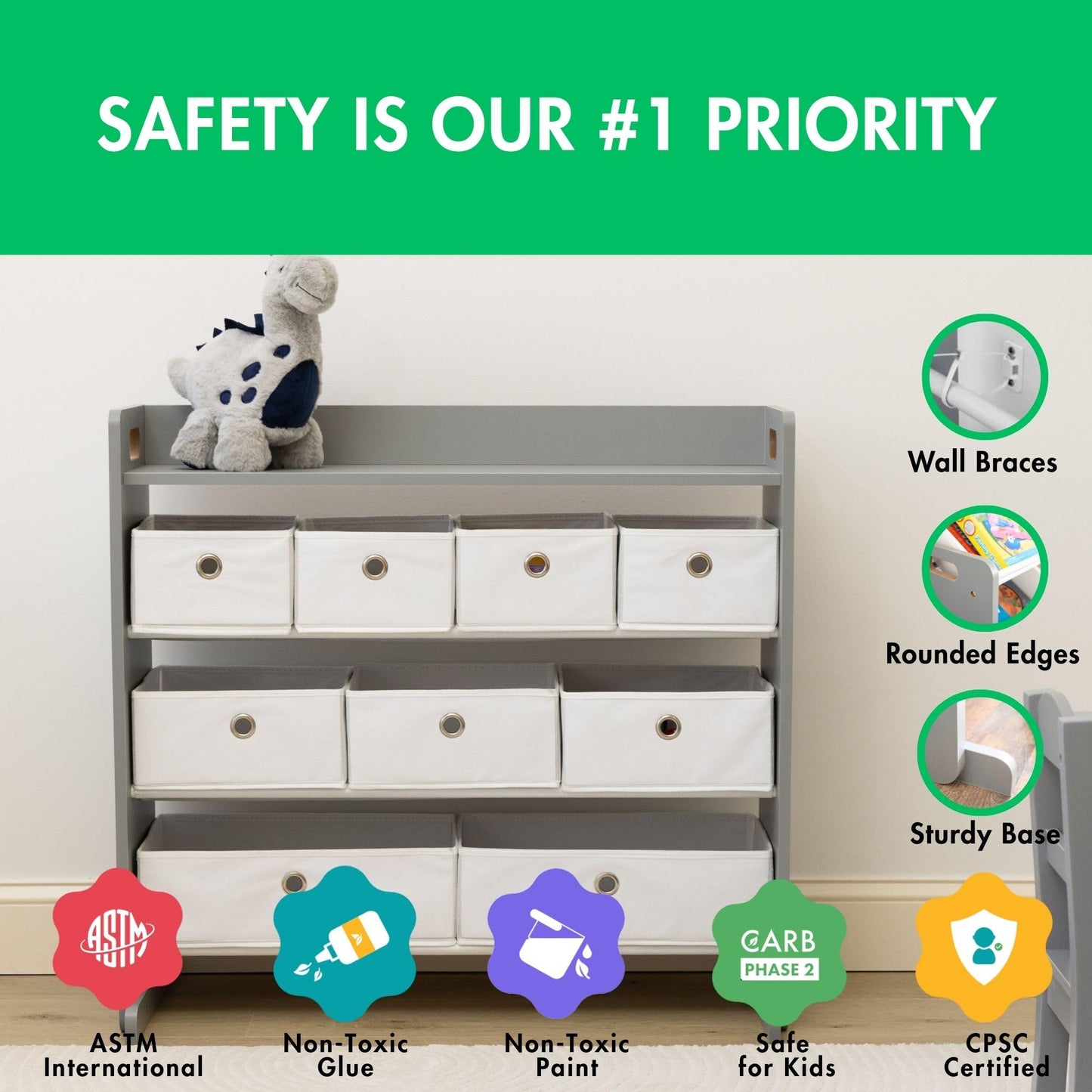 Humble Crew Toy Storage Organizer with Top Shelf and 9 Fabric Bins, Grey/White – Toddler Bookshelf with Toy Organizer - Modern Toy Rack Ideal for Kids' Rooms, Playrooms, and Nurseries