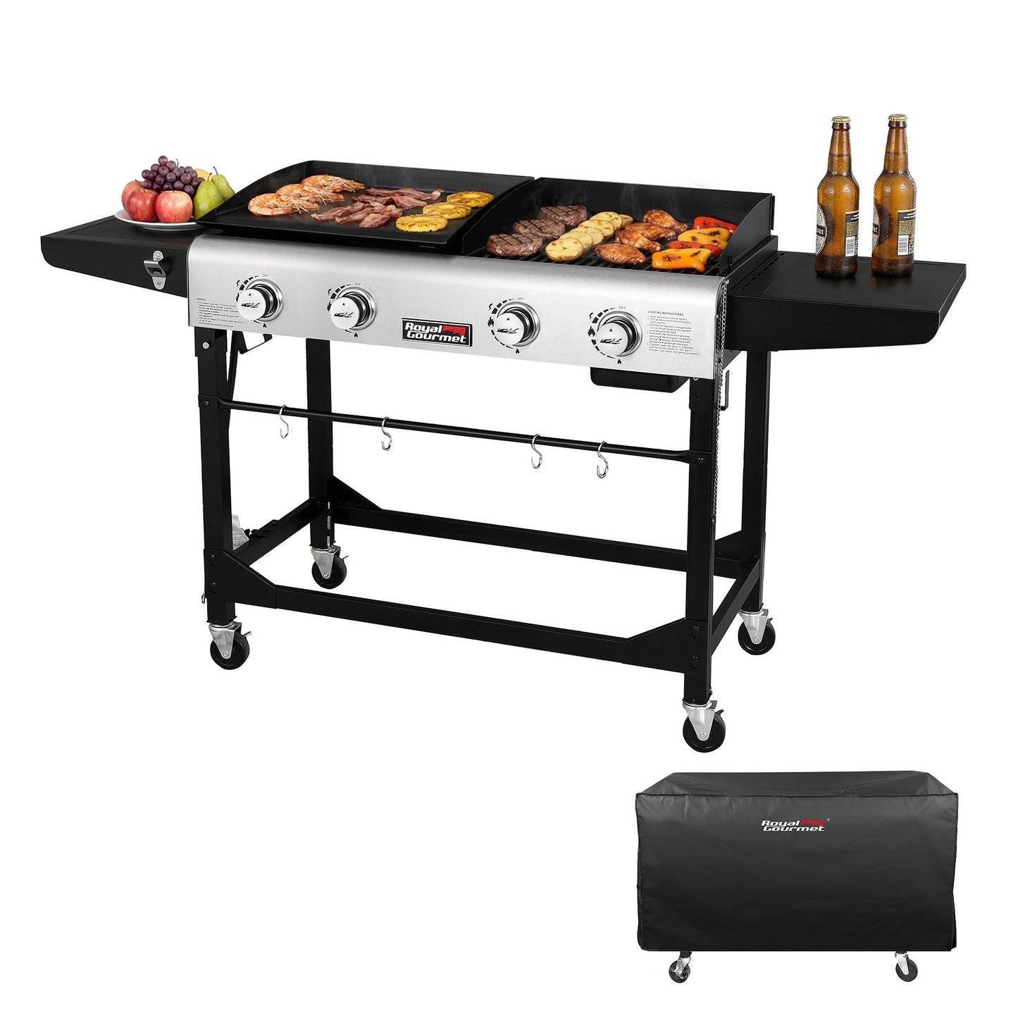 Royal Gourmet GD401C 4-Burner Propane Gas Grill and Griddle Combo with Cover, Griddle Grill Combo with 48,000 BTUs Output for Outdoor Cooking While Camping or Tailgating, Black & Silver