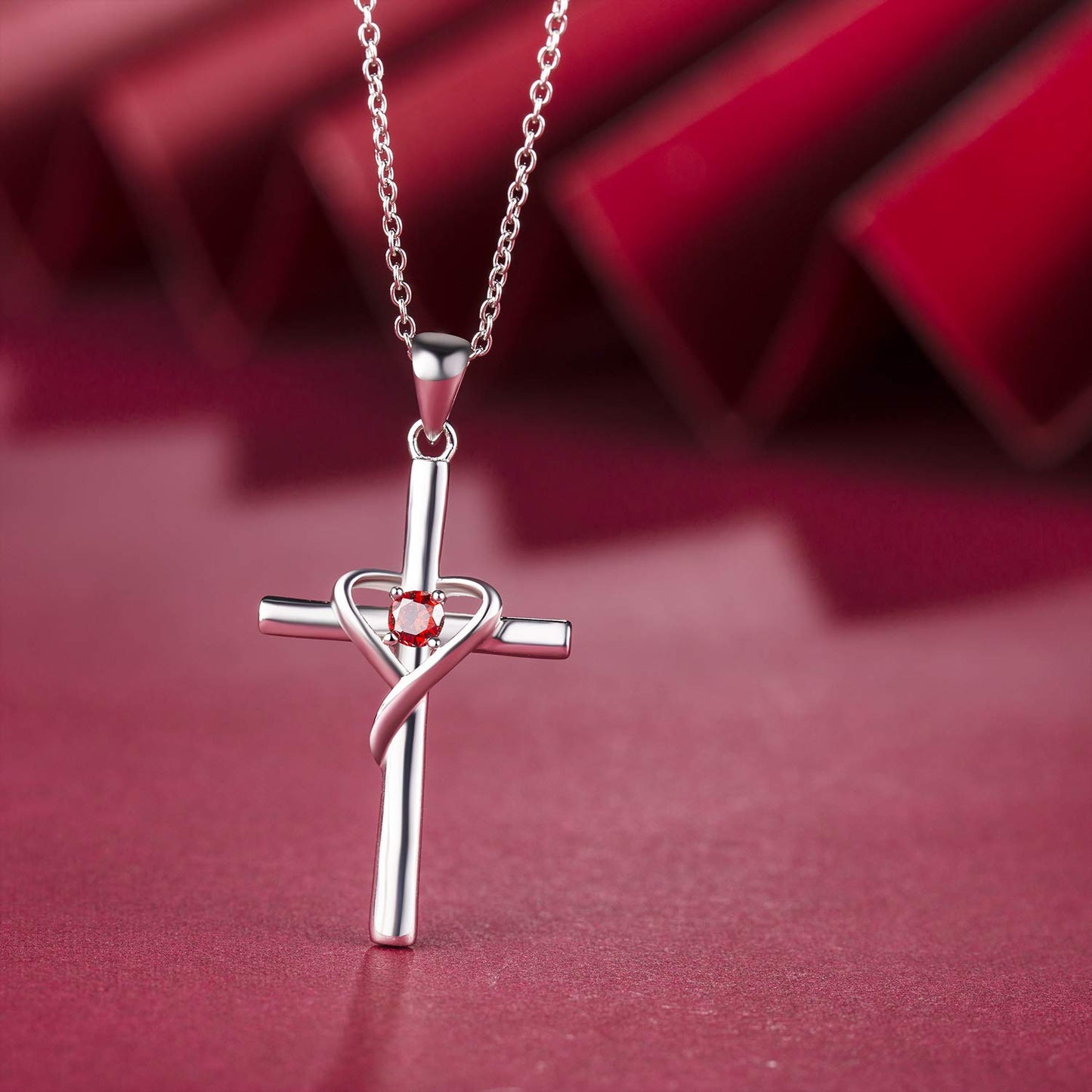 AmorAime 925 Sterling Silver Cross Necklace for Women Men 14K Gold Plated 5A CZ Birthstone Necklaces for Holiday (A.Red-Garnet-January)