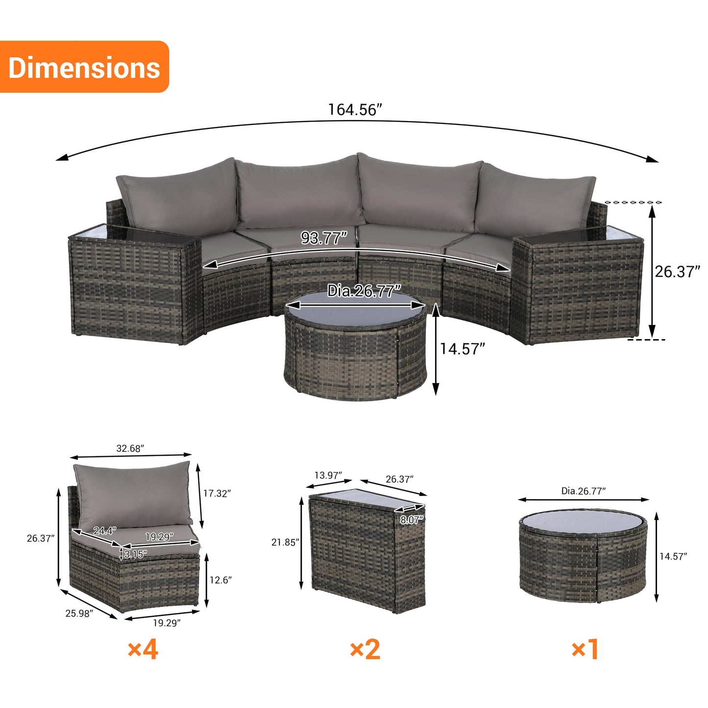 KEIKI 7-Piece Half-Moon Outdoor Patio Furniture Set, Rattan Patio Conversation Set with Coffee Table & 2 Sofa Side Table & 4 Curved Armless Sofa, Wicker Curved Sectional Sofa Set, for Backyard, Gray