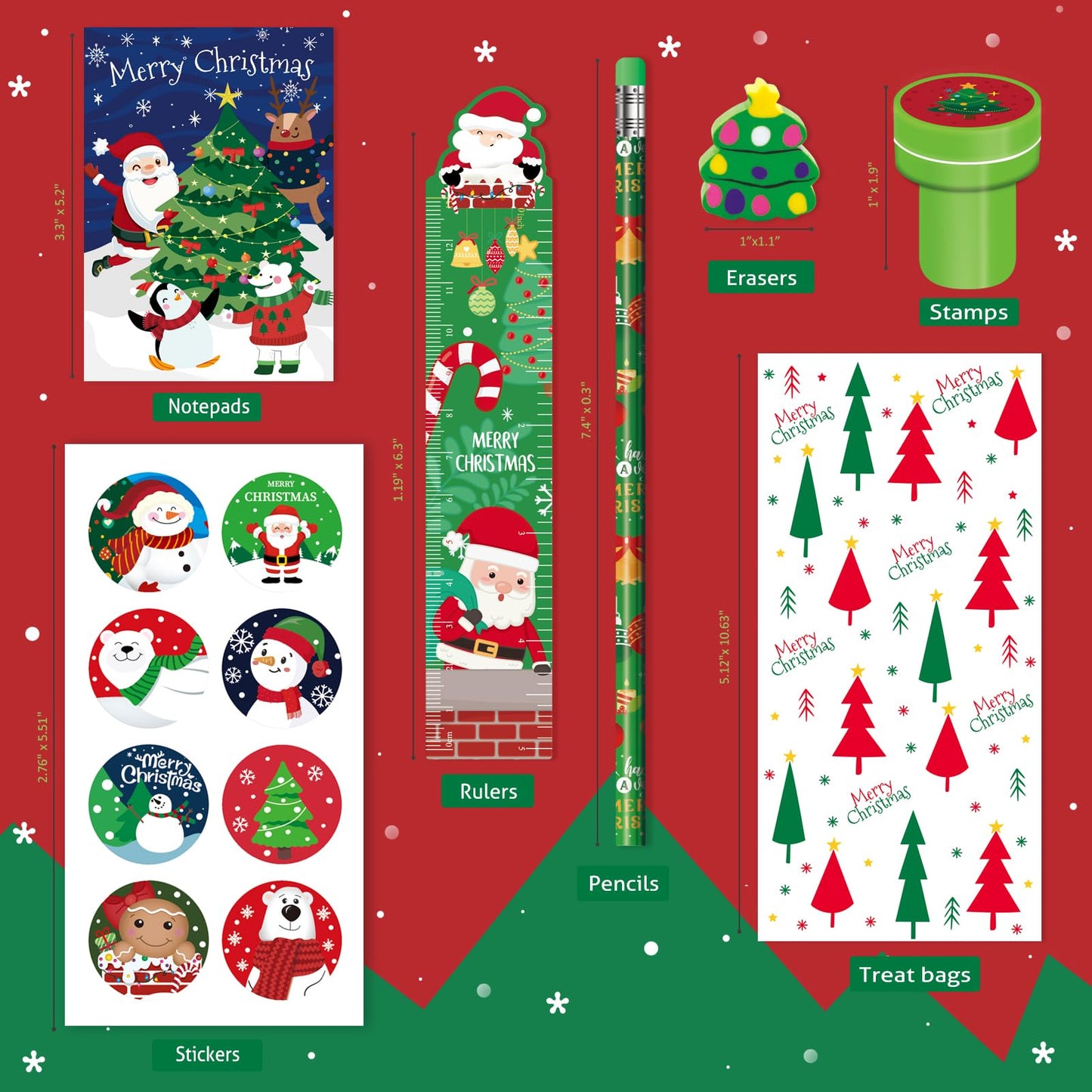 BEARUN 168 Pcs Christmas Party Favors Bulk for Kids-24-Pack Christmas Stationery Set for Stocking Stuffers, Christmas-Themed Classroom Gift Exchange School Games Prizes Carnival Events