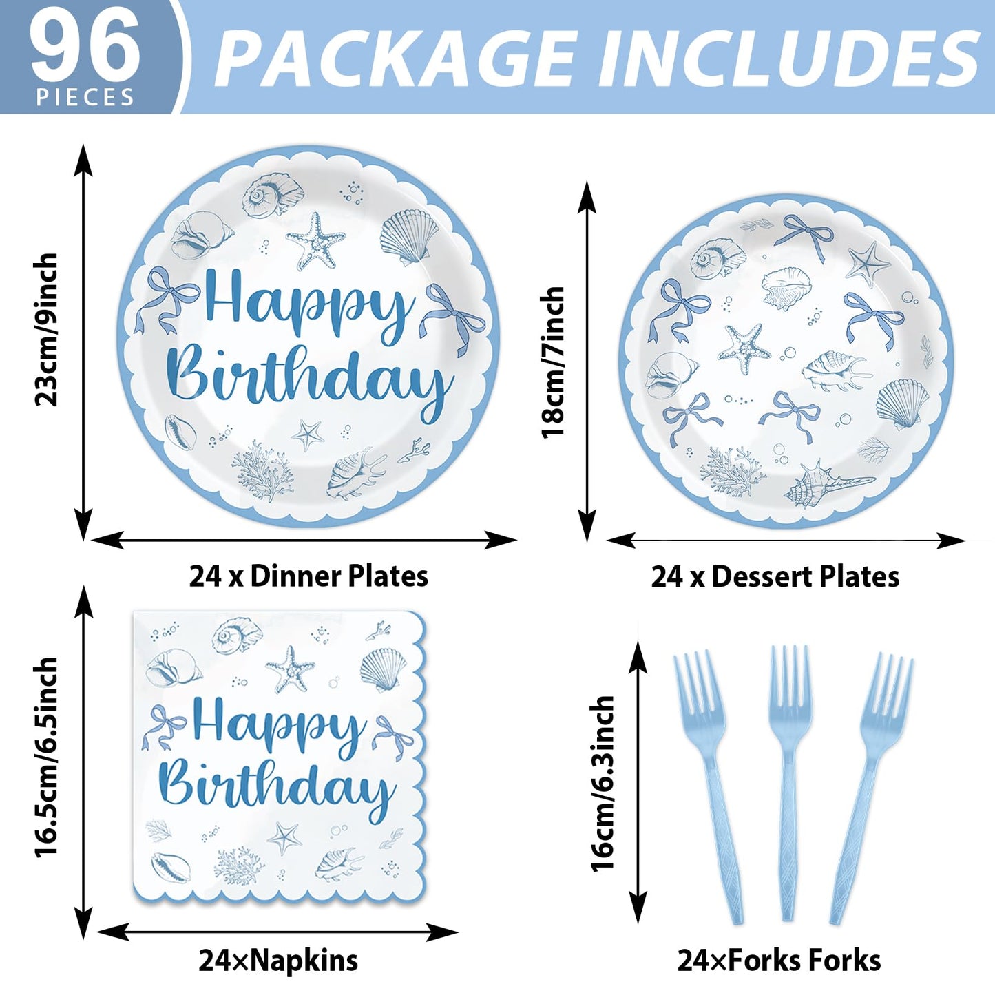 96PCS Coastal Beach Birthday Plates and Napkins Blue Bow Seashell Birthday Party Supplies Disposable Ocean Seashell Bow Tableware Set for Summer Beach Wedding Bachelorette Baby Shower Serves 24 Guests