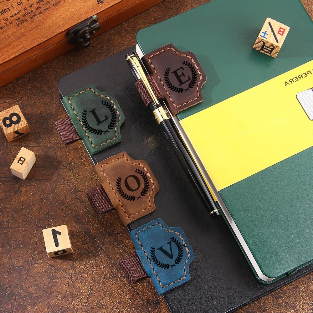 Custom Bookmark with Pen Holder 26 Letters Personalized Magnetic Leather Book Mark, Book Marker with Initials Pencil Clip for Sketch Pads for Men Women, Gifts for Book Lovers, Artists (Brown, J)