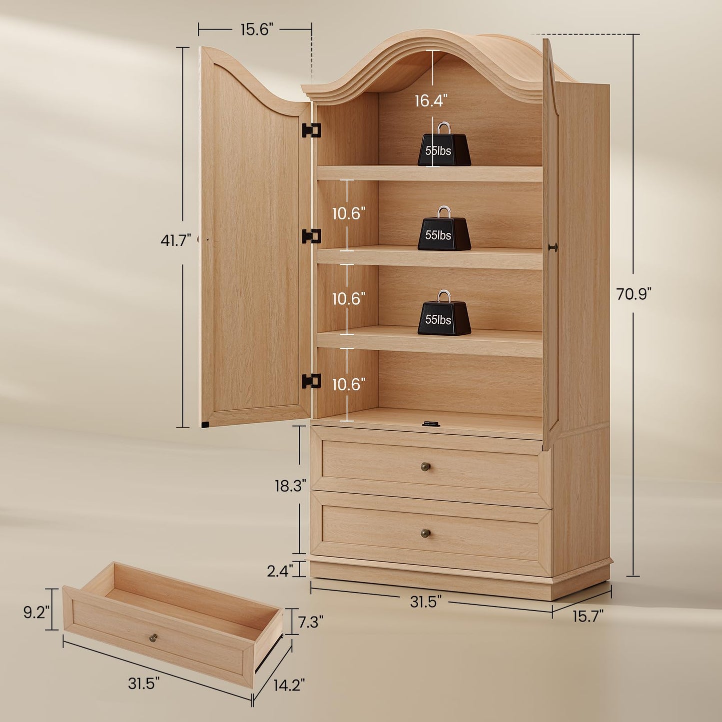 ANGRYWIN 70.9" Tall Kitchen Pantry Cabinet with 4 Shelves & 2 Large Drawers, Farmhouse Kitchen Cabinet, Versatile Pantry Storage Cabinet for Kitchen, Dining Room, Natural