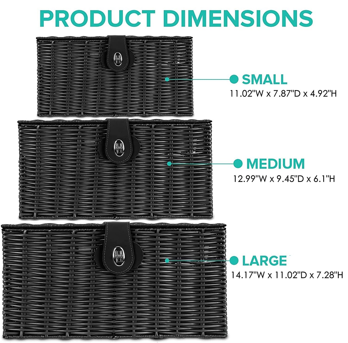 Homepeaz Set of 3 Woven Wicker Storage Basket Box with Lids & Lock, Built-in Carry Handles, Multifunctional Storage Organizer for Nursery, Baby, Clothes, Toys, Books, Large/Medium/Small Size (Black)
