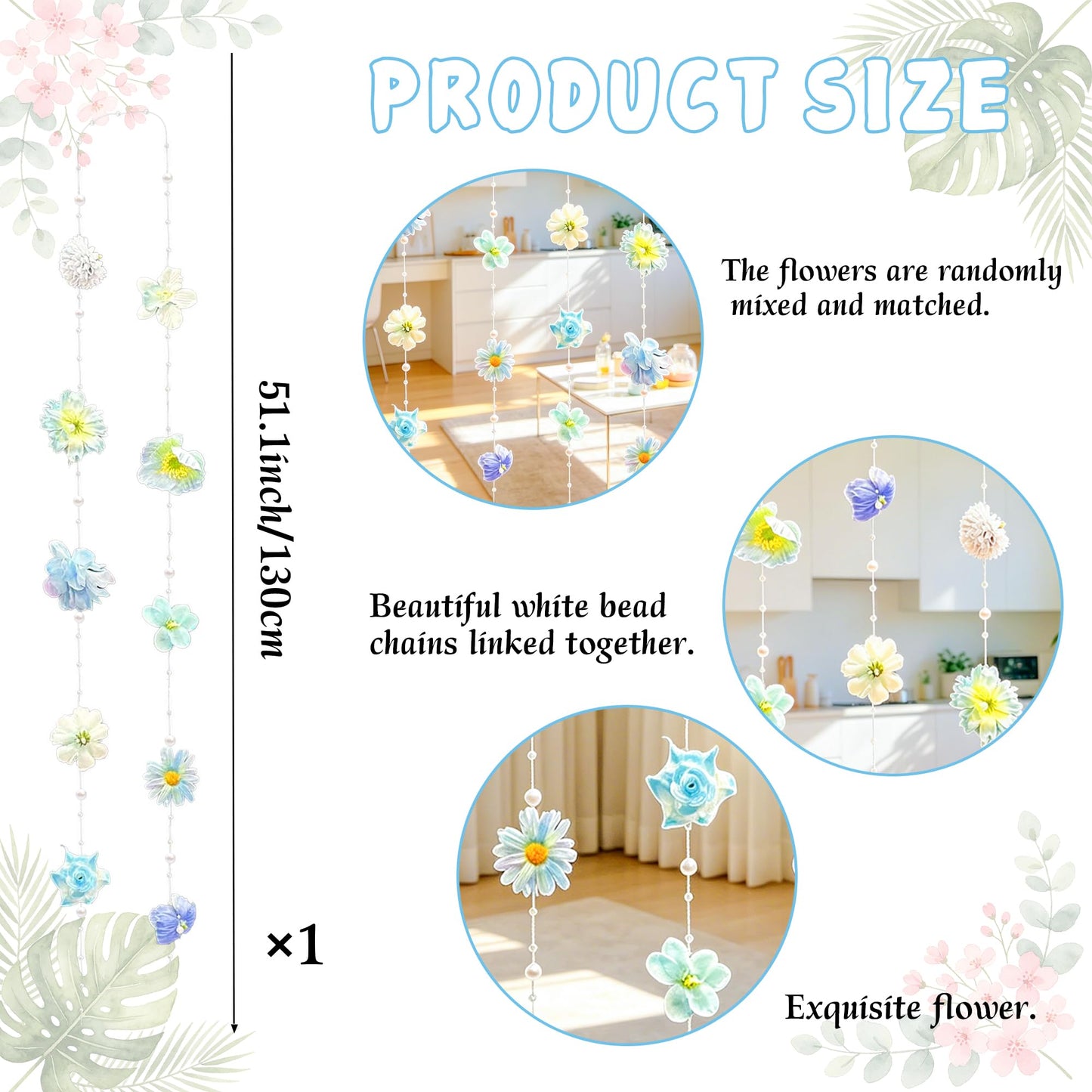 4.27 ft Blue Flower Garlands Hanging Artificial Wildflower Floating Floral Backdrop Flower Garland for Garden Wall Decor Birthday Party Supplies