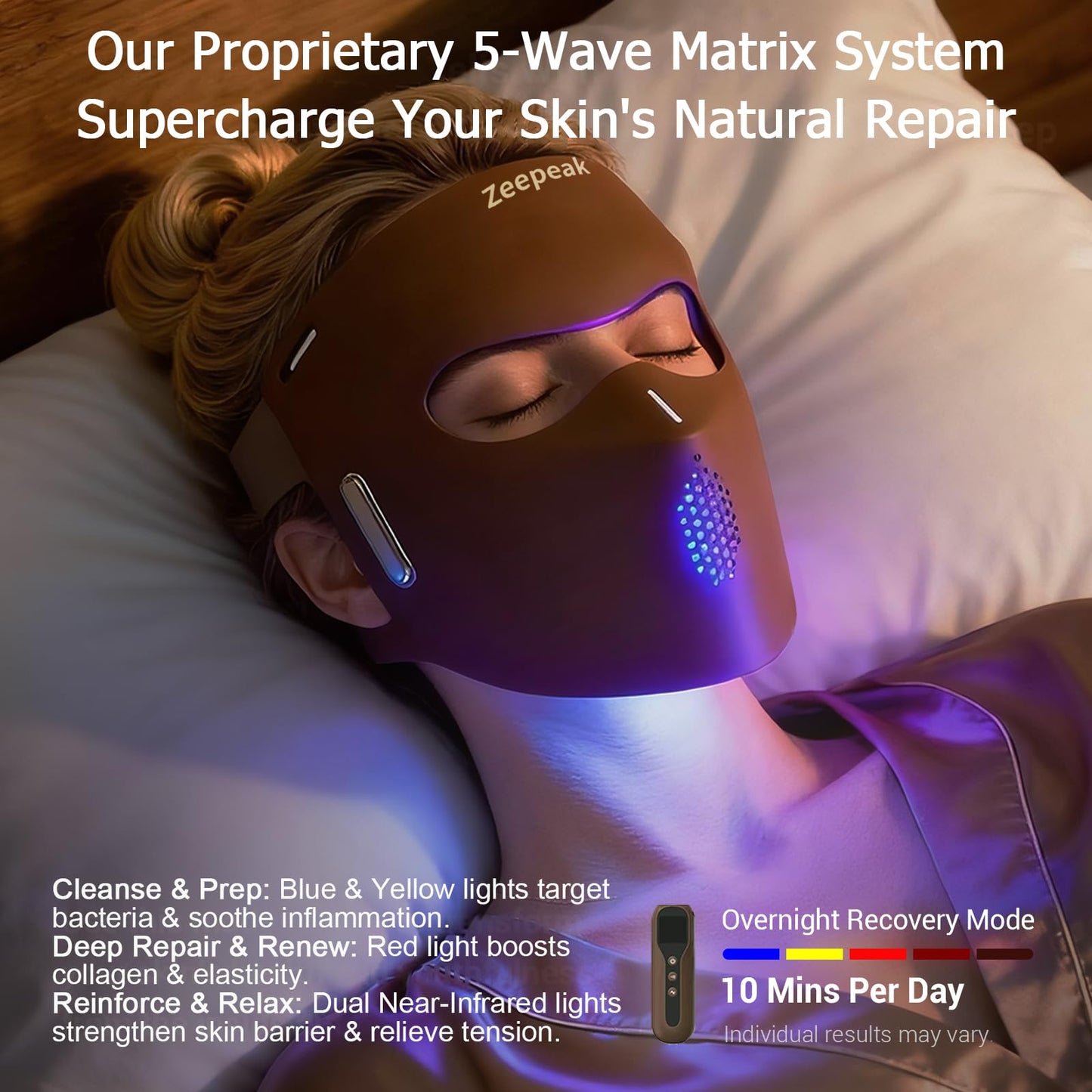 Zeepeak 3D LED Red Light Therapy Mask, FDA-Cleared, 360 LEDs, Anti-Aging & Blemish Repair, 5 Modes Red, Blue, Yellow with 850nm & 1072nm Dual-NIR, Eye-Protection, Portable Design for Home Travel