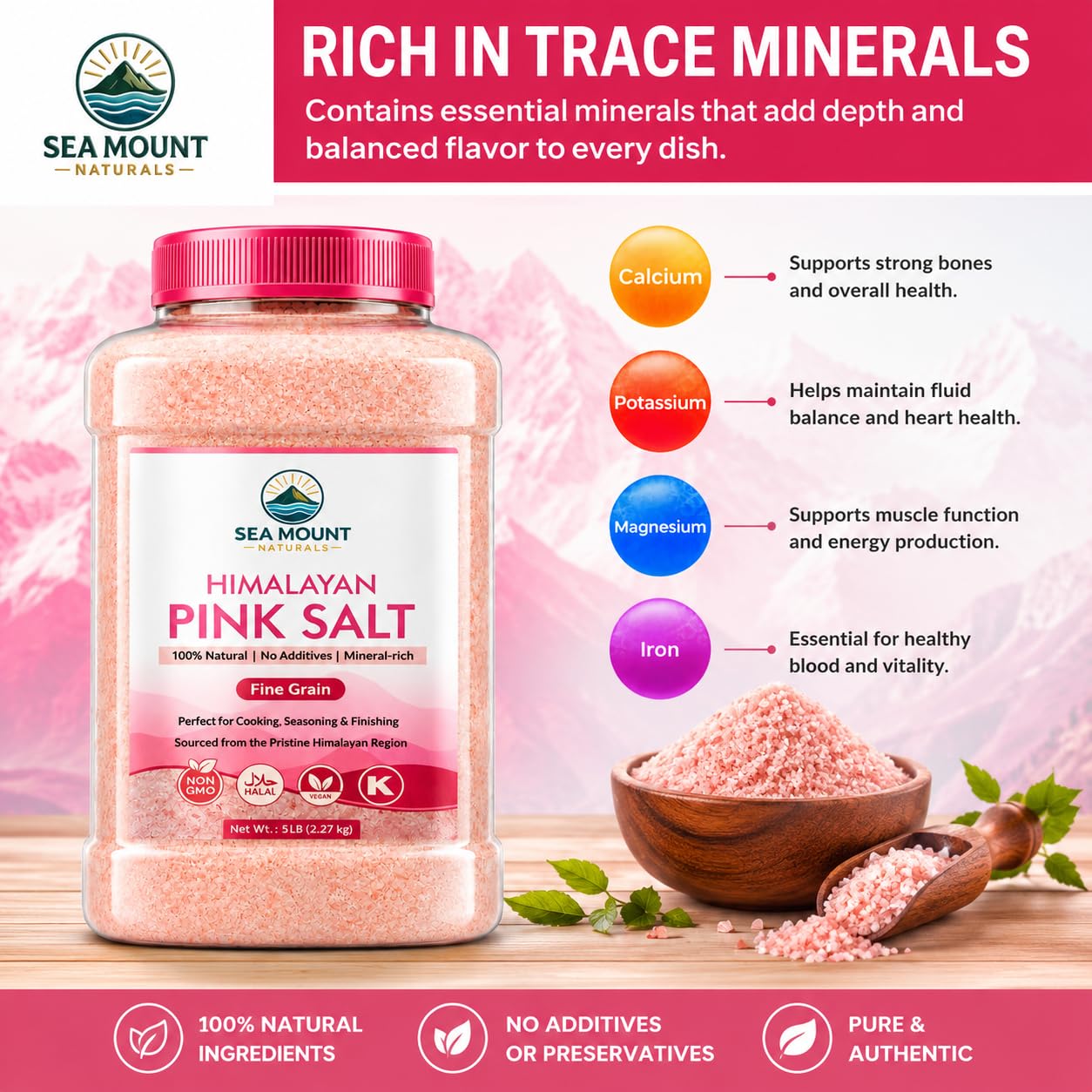 Himalayan Pink Salt Fine Grain 80oz (5 Pound), Kosher Certified, Non-GMO, Pure Mineral-Rich Pink Himalayan Sea Salt, For Cooking, Seasoning, Baking & Table Salt - Sea Mount Naturals