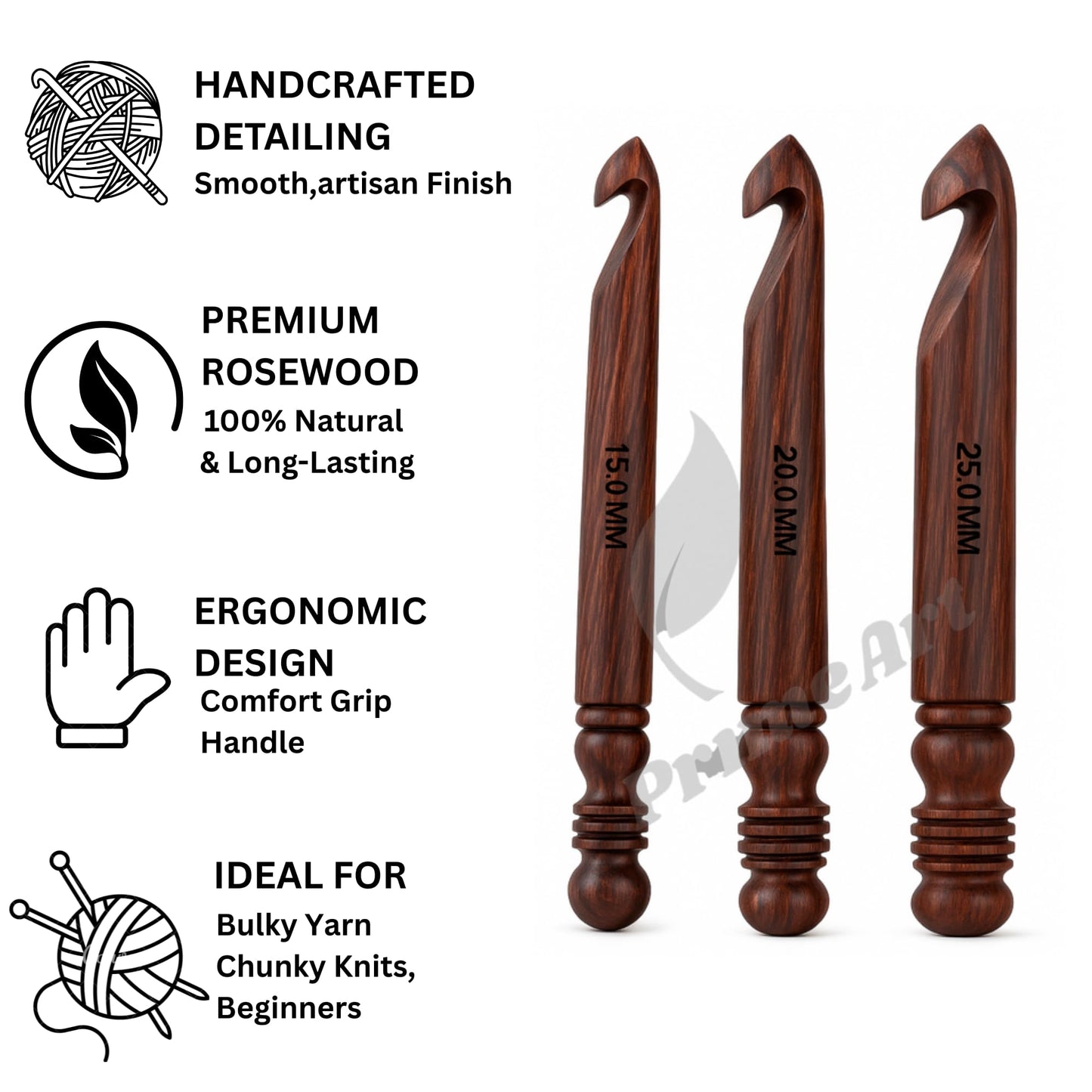 Prime Art Wooden Crochet Hooks – Handmade Rosewood Set of 3 (15mm, 20mm, 25mm) or Singles – Jumbo Natural Finish Hooks for Chunky Yarn (Rosewood, Set of 3 (15mm,20mm,25mm))