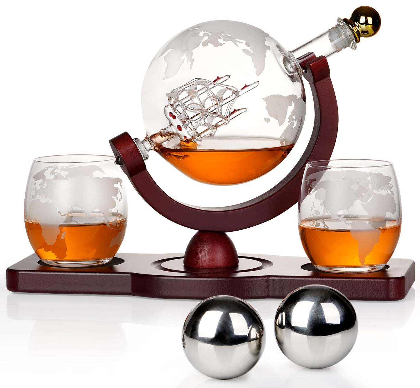 PONPUR Gifts for Men Dad Valentines Day, Whiskey Decanter Globe Set with 2 Ball Stones & 2 Glasses, Anniversary Birthday Gifts for Him Husband Boyfriend Brother, Cool Stuff Gift for Bourbon Scotch