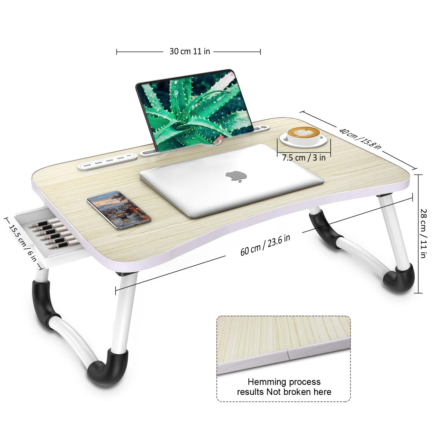 Zapuno Laptop Lap Desk, Foldable Laptop Table Tray with 4 USB Ports Storage Drawer and Cup Holder, Lap Bed Desk Notebook Stand Laptray Portable Standing Table for Bed Couch Floor