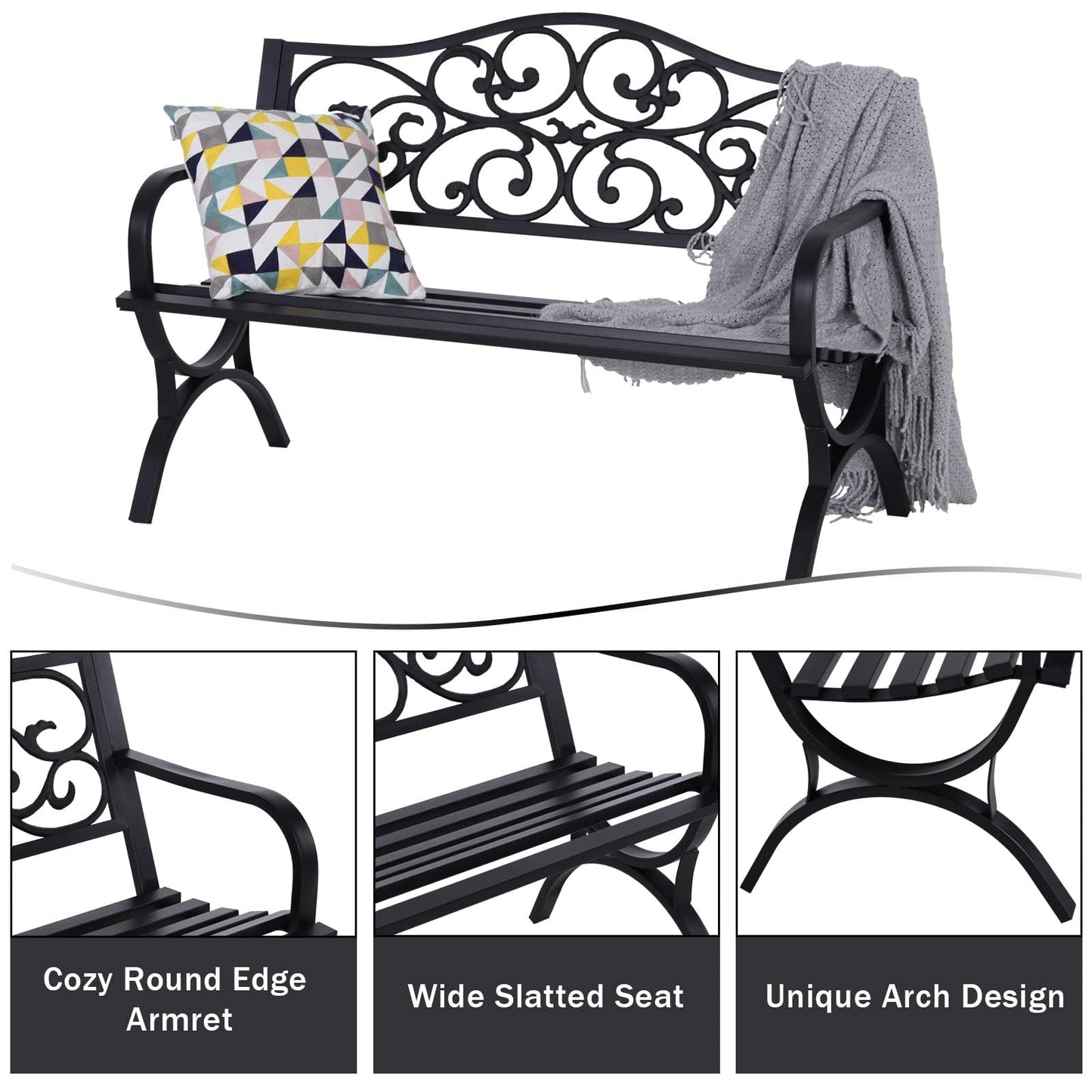 MFSTUDIO Outdoor Metal Bench Set of 2, 50 Inches Outdoor Garden Bench, Cast Iron Metal Frame Patio Park Bench with Floral Pattern Backrest, Arch Legs for Porch Lawn Yard, Black