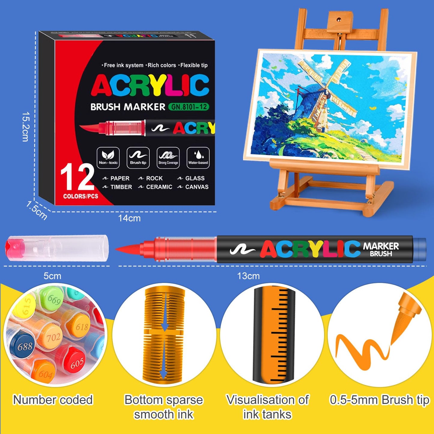 Amamao Acrylic Paint Markers, Soft Brush Tip Pens and Markers, Acrylic Paint Pens for Wood, Stone, Canvas, Glass, Fabric, Egg, Rock Painting and DIY Crafts Art Supplies (12)
