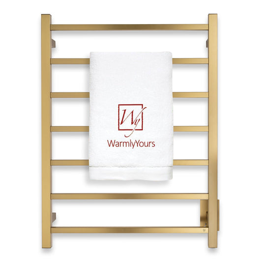 Heated Towel Rack – Brushed Gold Wall Mounted Towel Warmer for Luxurious Bathroom Spa-Like Comfort, 7-Bars, 75 Watts Electric Hardwired UL Certified Safe, WarmlyYours Tahoe