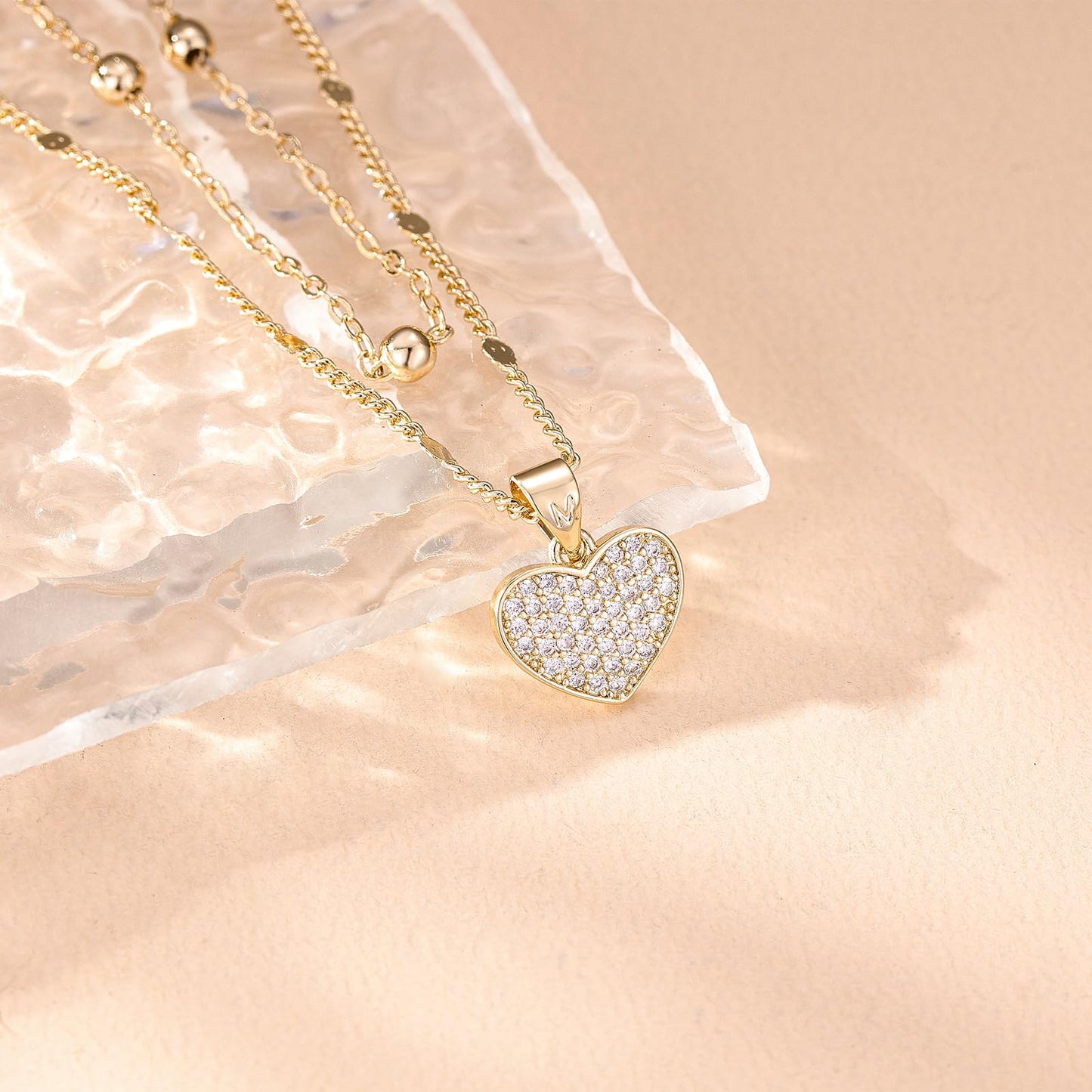 MEIITRUE Heart Necklaces for Women Trendy 14k Gold Plated Dainty Layered Necklace Set Cubic Zirconia Pendant Choker Personalized Beaded Chain Stackable Jewelry Gift