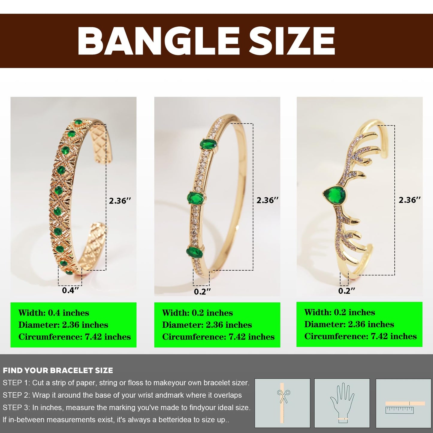 fivesweet 3PCS Gold Bangle Bracelet Set for Women, Luxurious Emerald Style, Copper Inlaid with 3A Zircon, Stackable Trendy Jewelry, 2.4 Inch, Great Gift for Her Girlfriend Wife Mom Sister Lover on Birthday Christmas Valentine's Day Mother's Day
