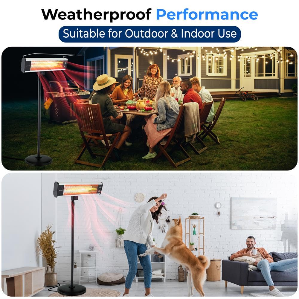 SereneLife Infrared Patio Heater, Electric Patio Heater for Indoor/Outdoor Use, Portable Stand Heater with Remote Control, 1500 W, for Restaurant, Patio, Backyard, Garage, Decks (Black)