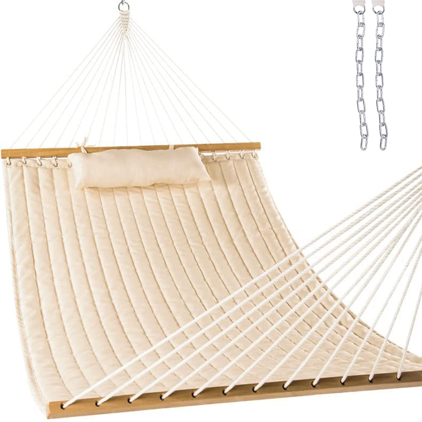 Lazy Daze Hammocks 12FT Quilted Fabric Double Hammock with Spreader Bars and Detachable Pillow, 2 Person Hammock for Outdoor Outside Patio Garden Yard Pool Beach (Linen)