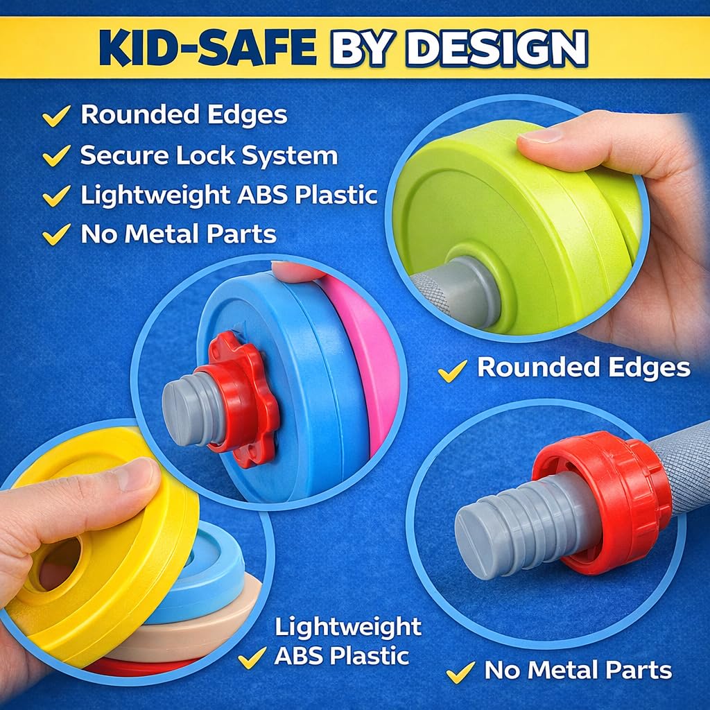 Kids Exercise Weight Set - 3-in-1 Adjustable Workout Toy Equipment for Children Pretend Play Exercise - Toddler Beginner Gym, Fitness, Weightlifting and Powerlifting (Dumbbell, Barbell, Kettlebell)