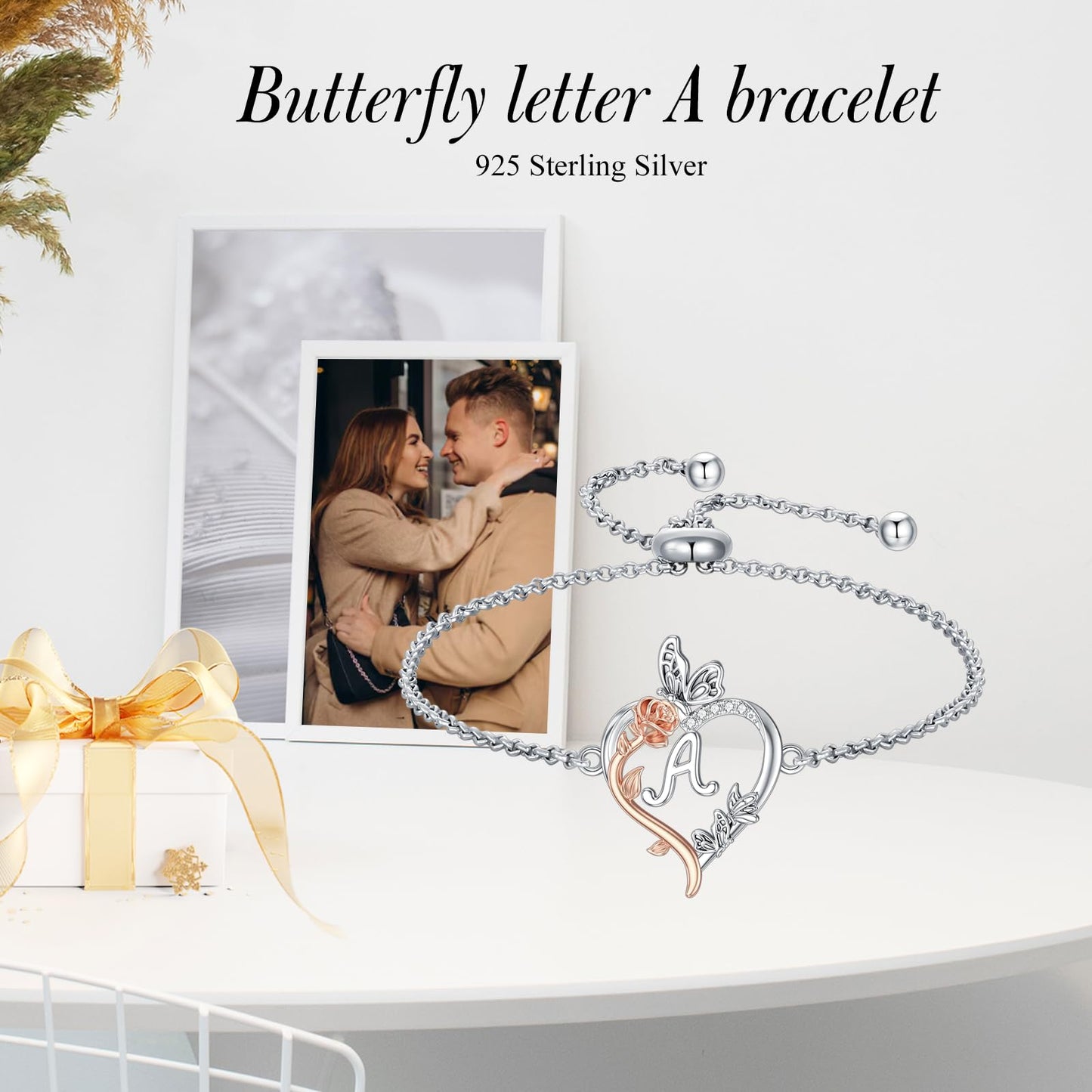 TOUPOP Rose Heart Bracelet for Women Sterling Silver Heart Initial A Letter Bracelet Butterfly Love Jewelry Anniversary Birthday Mothers Day Gifts for Mom Wife Her Girlfriend
