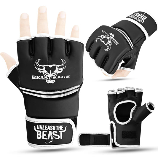 BEAST RAGE MMA Gloves for Men and Women,Martial Arts Mitts Grappling Sparring,Ventilated Palm, Vegan Leather, Cage Fighting, Muay Thai, Kick Boxing, Punching Bag, Boxing, Kickboxing (White, M)