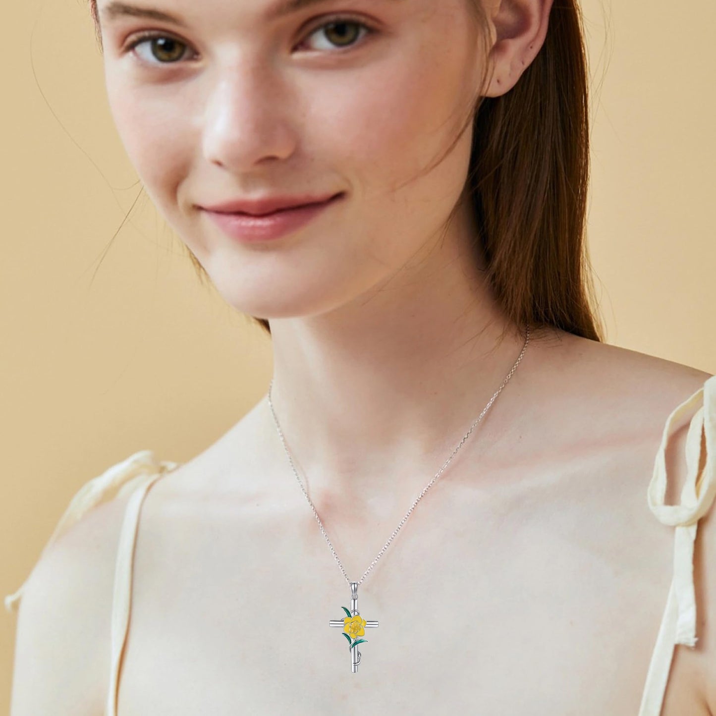 Daffodil Necklace 925 Sterling Silver Cross Daffodil Pendant Necklace March Birth Flower Jewelry for Women Gifts