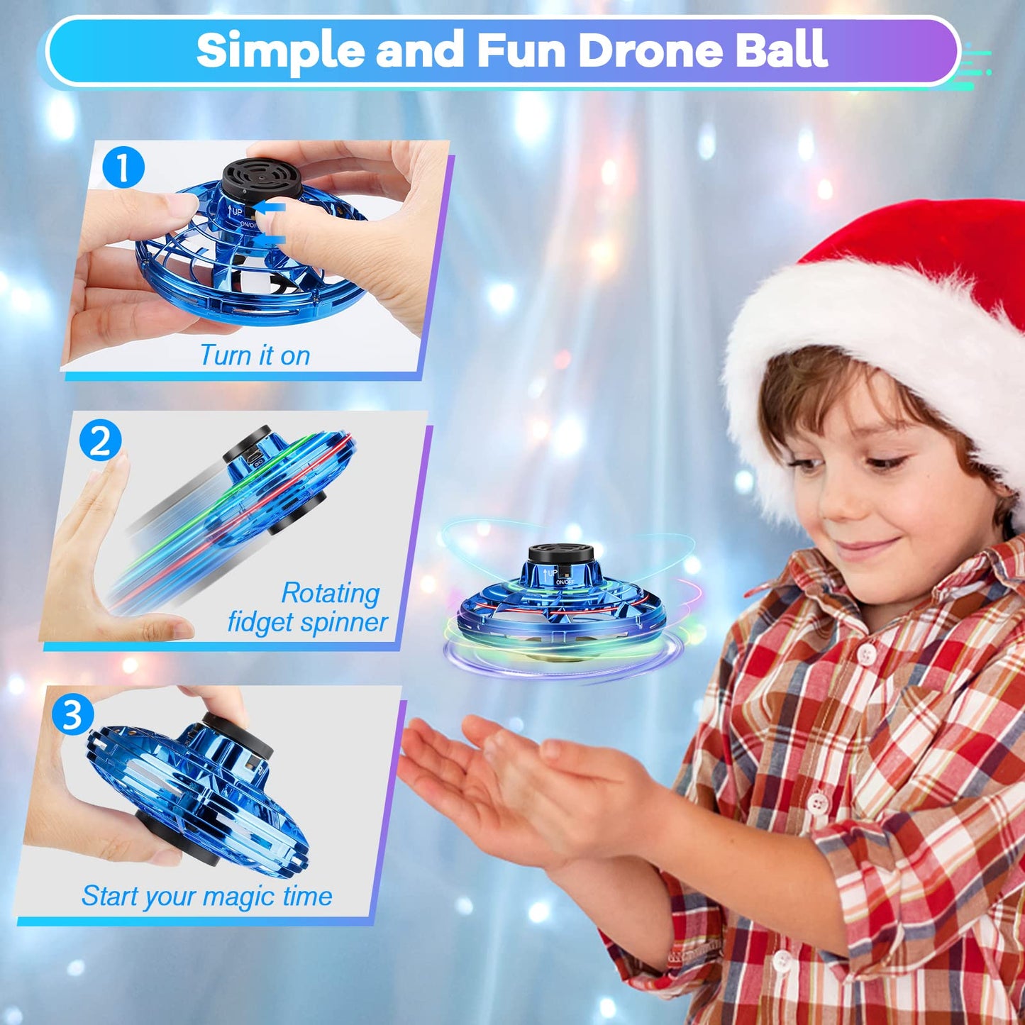 Vantexi Drone for Kids Flying Toys, 2026 Upgrade LED Fidget Spinner, Hand Operated Fidget Flying Spinner Toy for Indoor Outdoor, Christmas Birthday Gifts for 6 7 8 9 + Year Old Boys Girls (Blue, ABS)