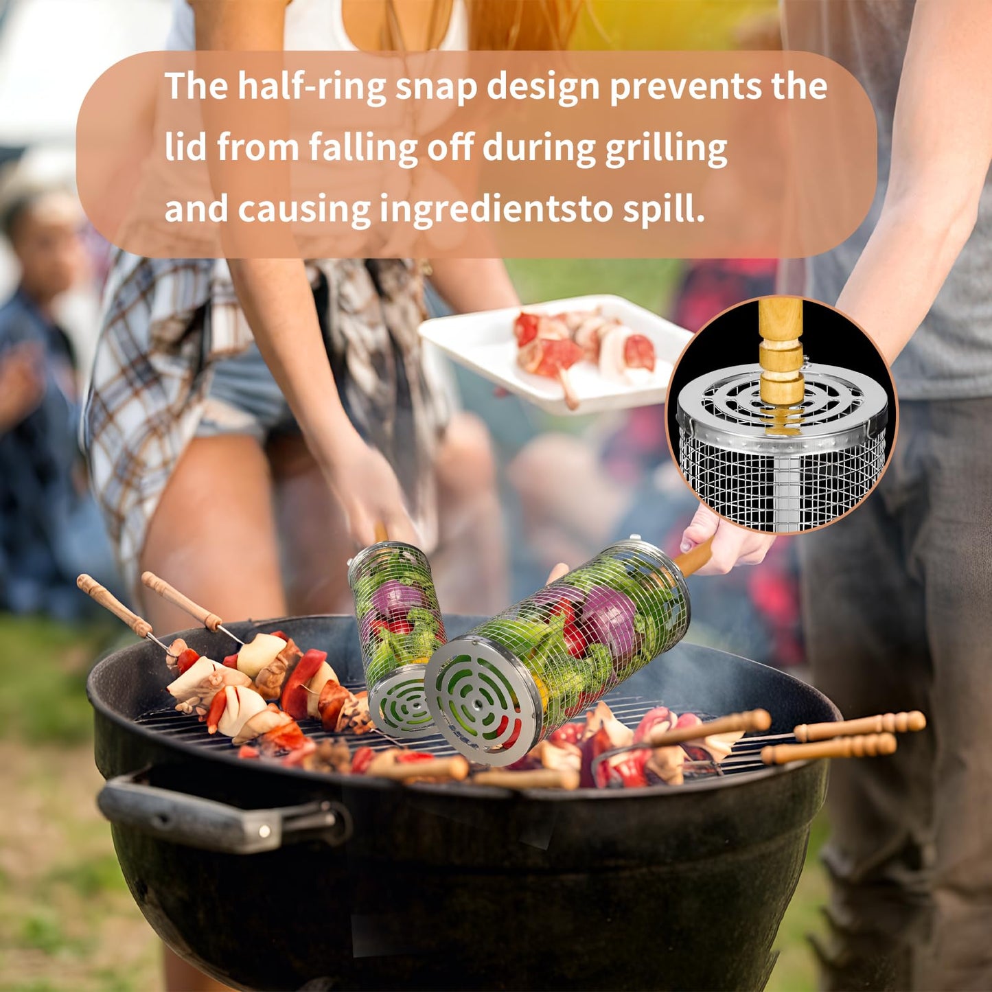 FrutPunch Grill Basket 2 Pcs, Stainless Steel Grilling Accessories,Rolling Grill Baskets for Outdoor Grill with Wooden Handle, Practical Grilling Gifts for Men (2PCS(A Large and A Medium))