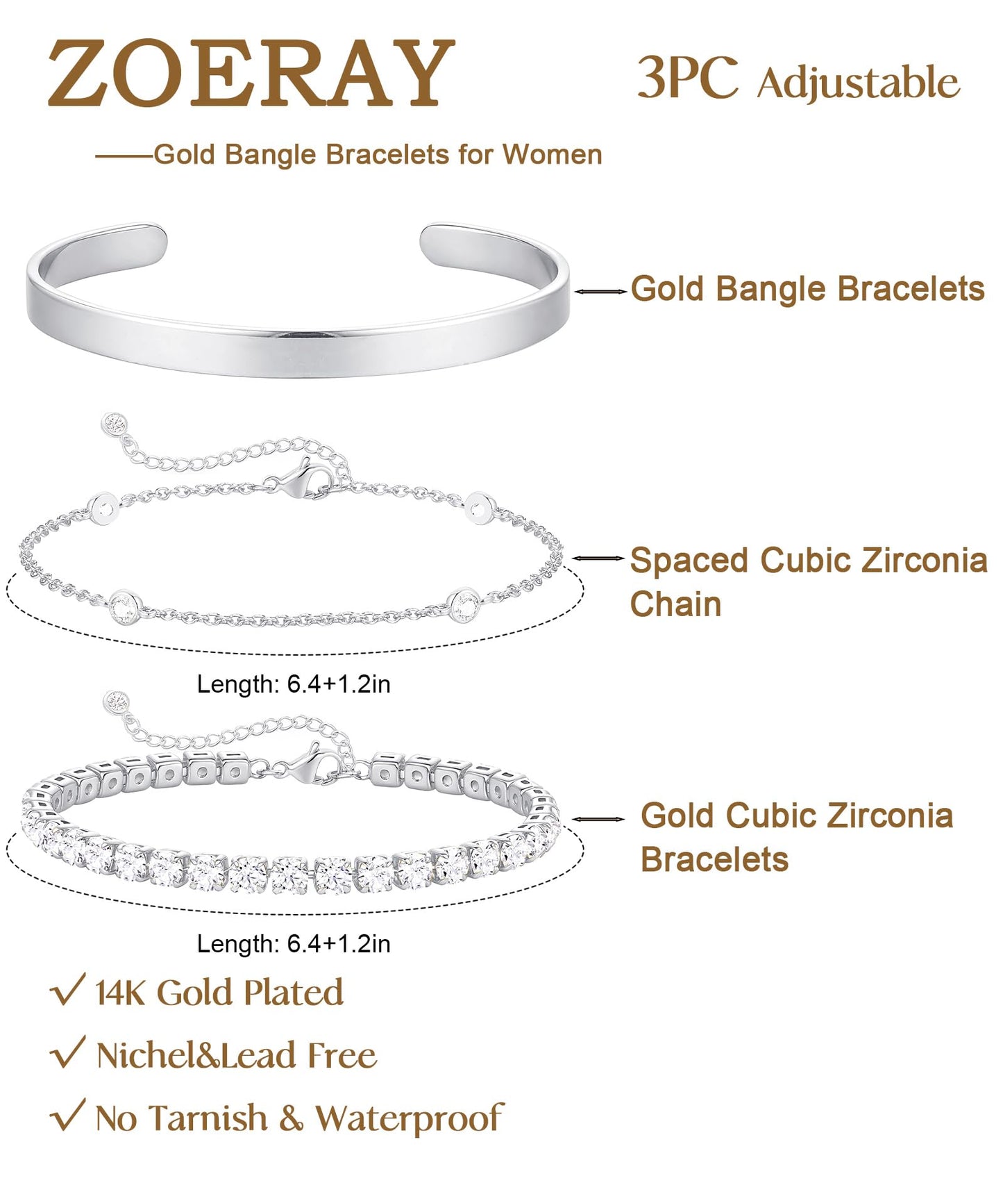 ZOERAY Silver Gold Bangle Bracelets for Women Non Tarnish 14k Gold Plated Stackable Cuff Bracelets for Women Trendy Cubic Zirconia Stainless Steel Chunky Bracelet Stack Set Waterproof Jewelry Gifts